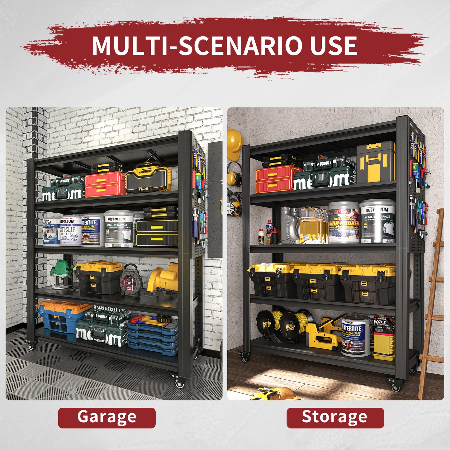 VIYET 78" Rolling Metal Garage Shelving with Pegboard, 5 Tier Adjustable Storage Rack, Heavy Duty Utility Shelf with Locking Wheels, Black