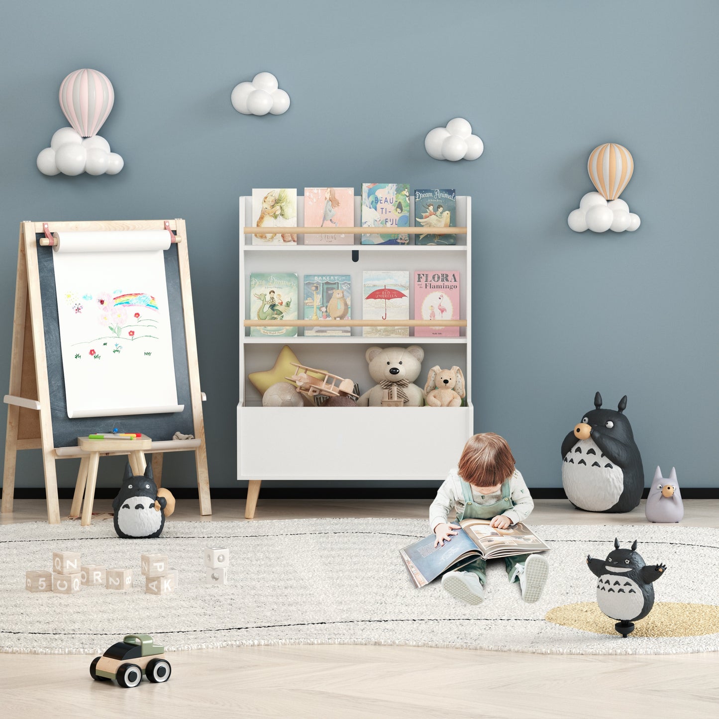 VIYET 37" Kids Bookshelf & Toy Organizer - White MDF+Pine Legs, 2 Shelves, Storage Bin, Anti-Tipping