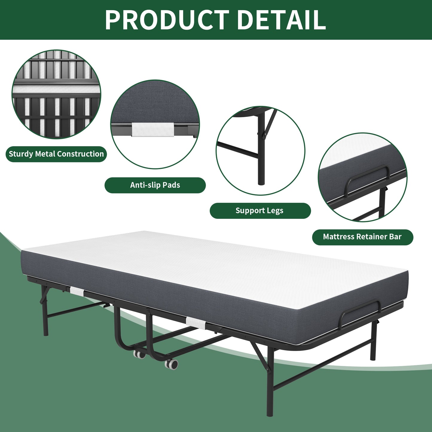 VIYET 12.60''H Extra Long Folding Bed for Tall People, 450LBS Heavy Duty Rollaway Guest Bed with 5" Memory Foam Mattress, Portable Twin Size Bed
