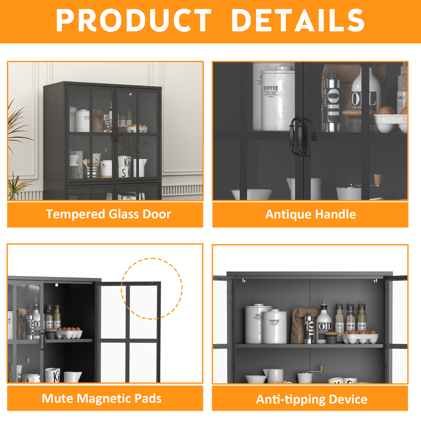 VIYET 63"H Premium Black Metal Storage Cabinet, Tempered Glass Doors + Adjustable Shelves, Anti-Tipping & Magnetic Silent Closure for Home/Office