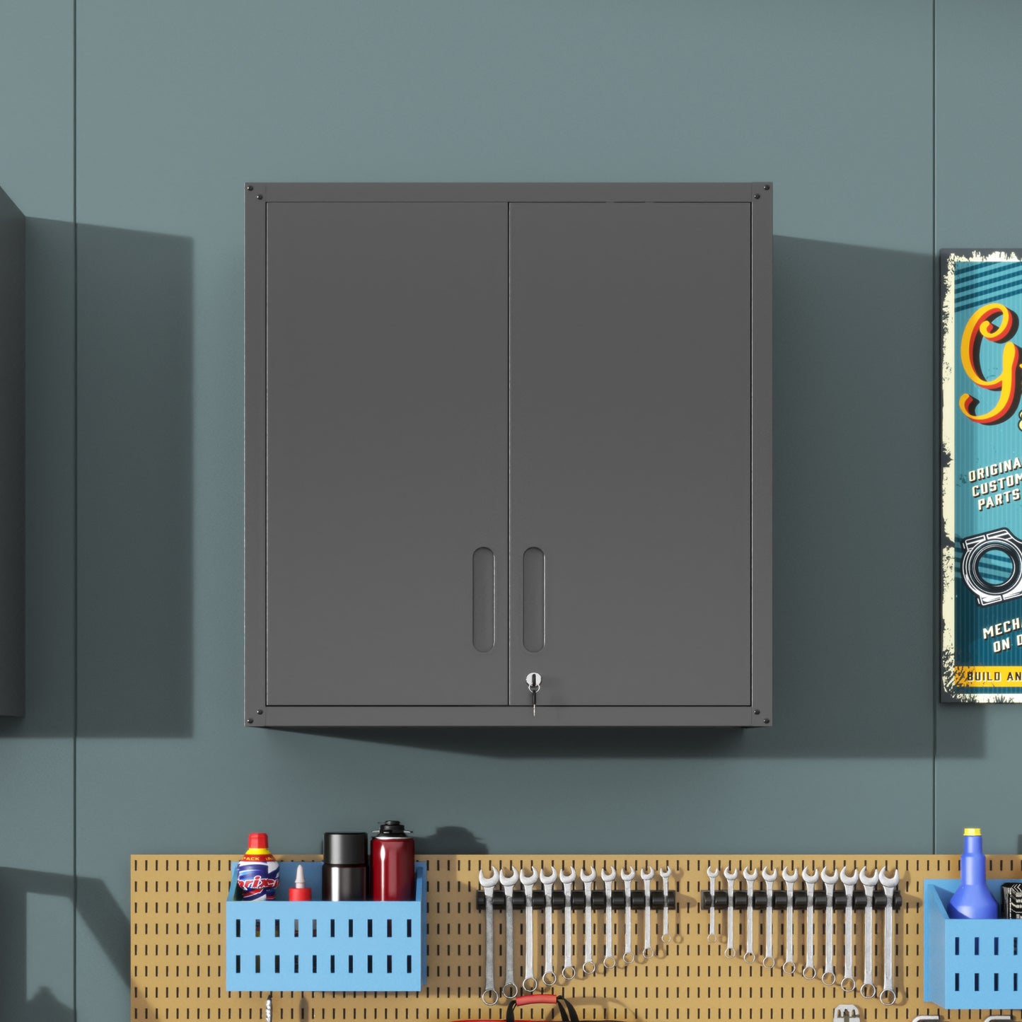 VIYET 30"H Wall-Mounted Metal Tool Storage Cabinet,2 Locking Doors,1 Adjustable Shelf&1 Open Drawer, for Garage/Office/Warehouse, Assembly Required