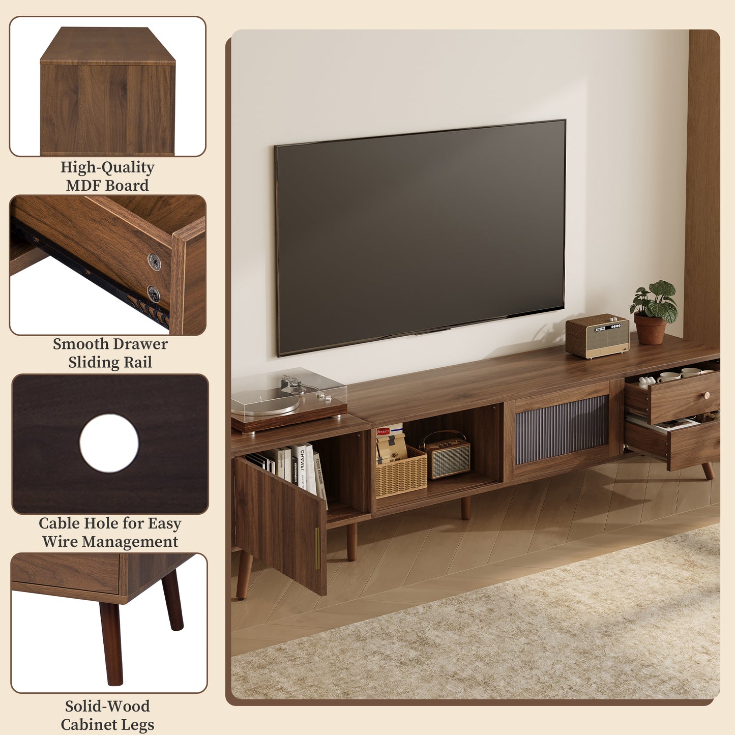 VIYET 77"Modern Minimal TV Stand, Wood-Grain Glass-Door Media Console (for TVs up to 85"), Solid Wood+MDF Storage Cabinet