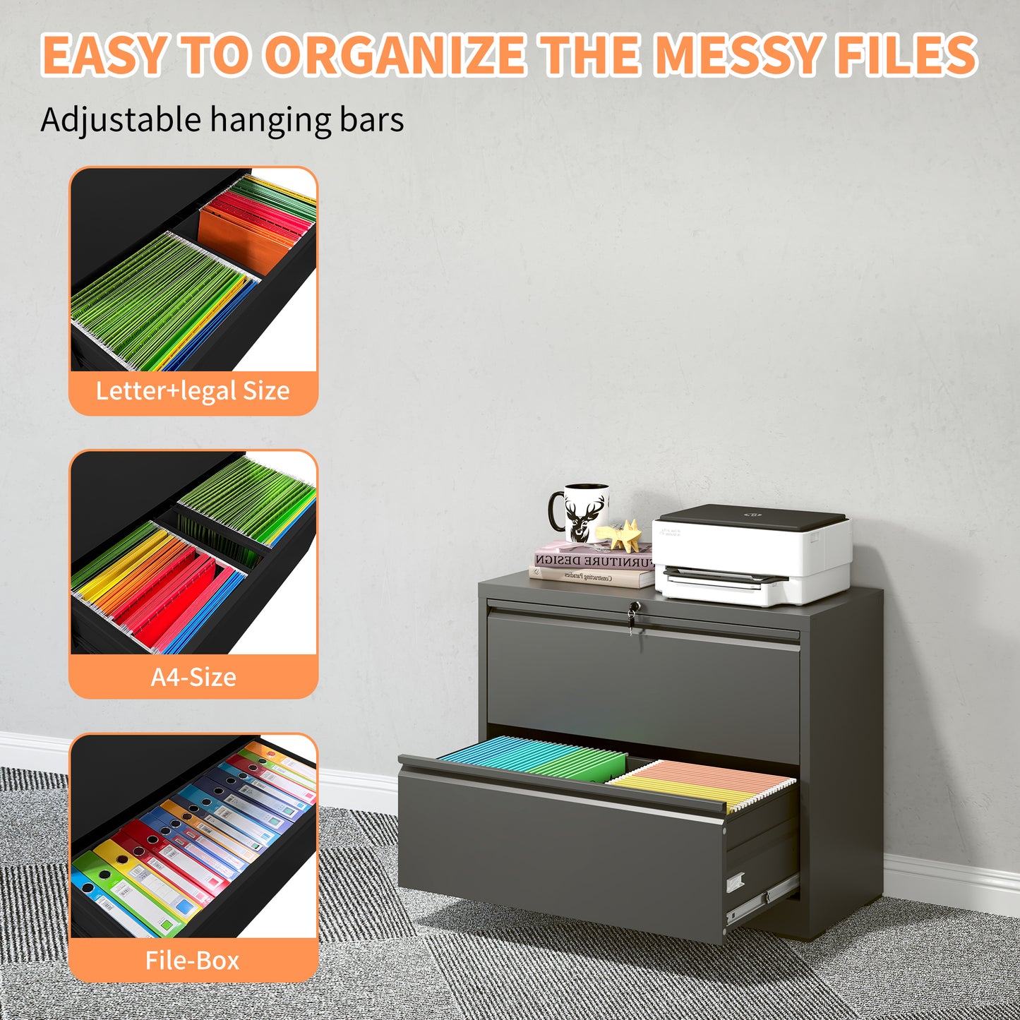 VIYET Locking Lateral File Cabinet, Heavy Duty Steel Filing Cabinet for Home Office, Silent Full Extension Drawers, Fits Letter, Legal & A4 Files
