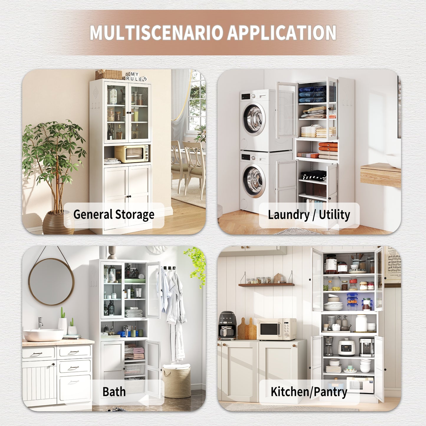 VIYET 72"H Heavy-Duty Metal Kitchen Pantry Cabinet,150LBS/Shelf,Adjustable Shelves+Glass Doors,Freestanding for Kitchen/Pantry/Bathroom(White)
