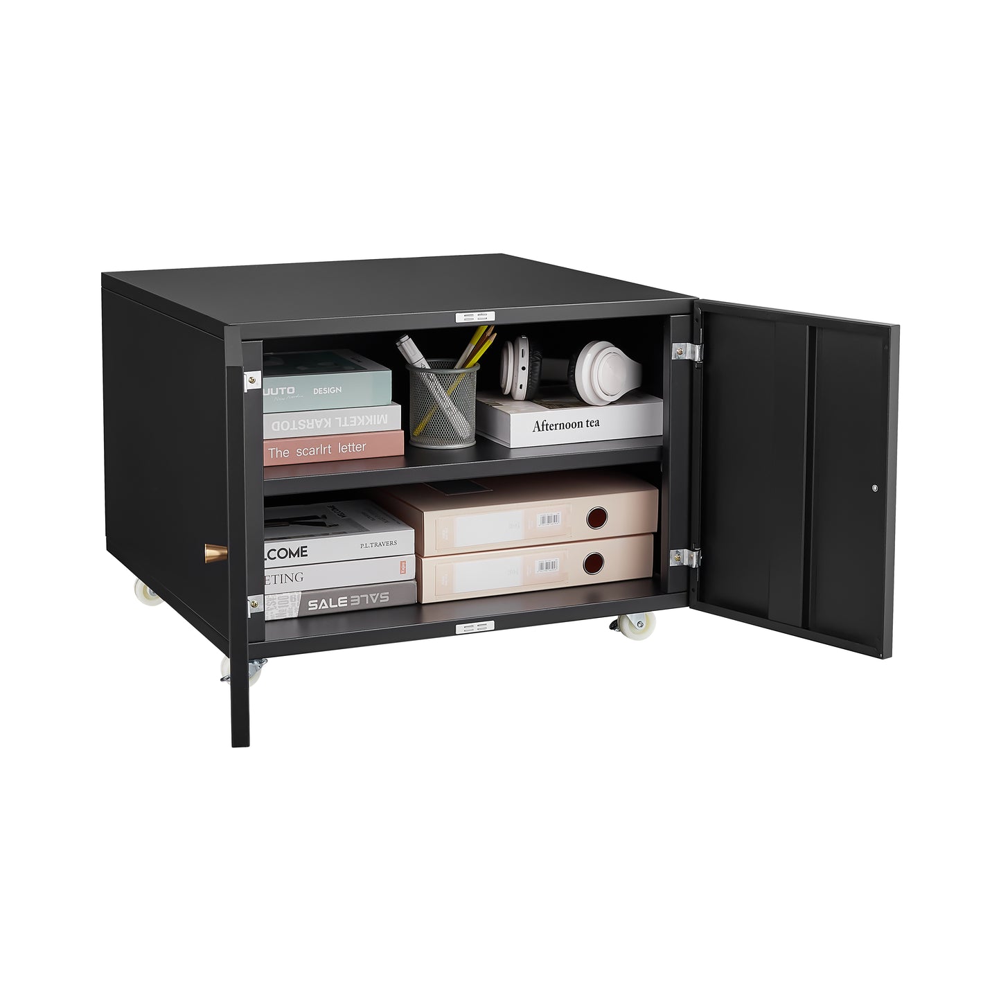 VIYET 23.6" Black Steel Double-Door Printer Cabinet, 360° Lockable Casters & Adjustable Shelves, Waterproof