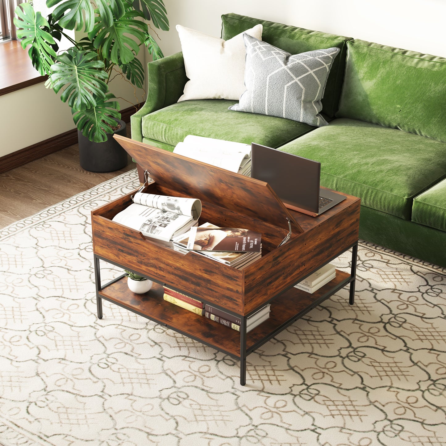 VIYET 32"H Farmhouse Flip Top Coffee Table with Storage, Rustic Wood Grain + Metal Frame, Hidden Compartment & Open Shelves for Living Room, Easy to Assemble & Clean (Black+Brown)