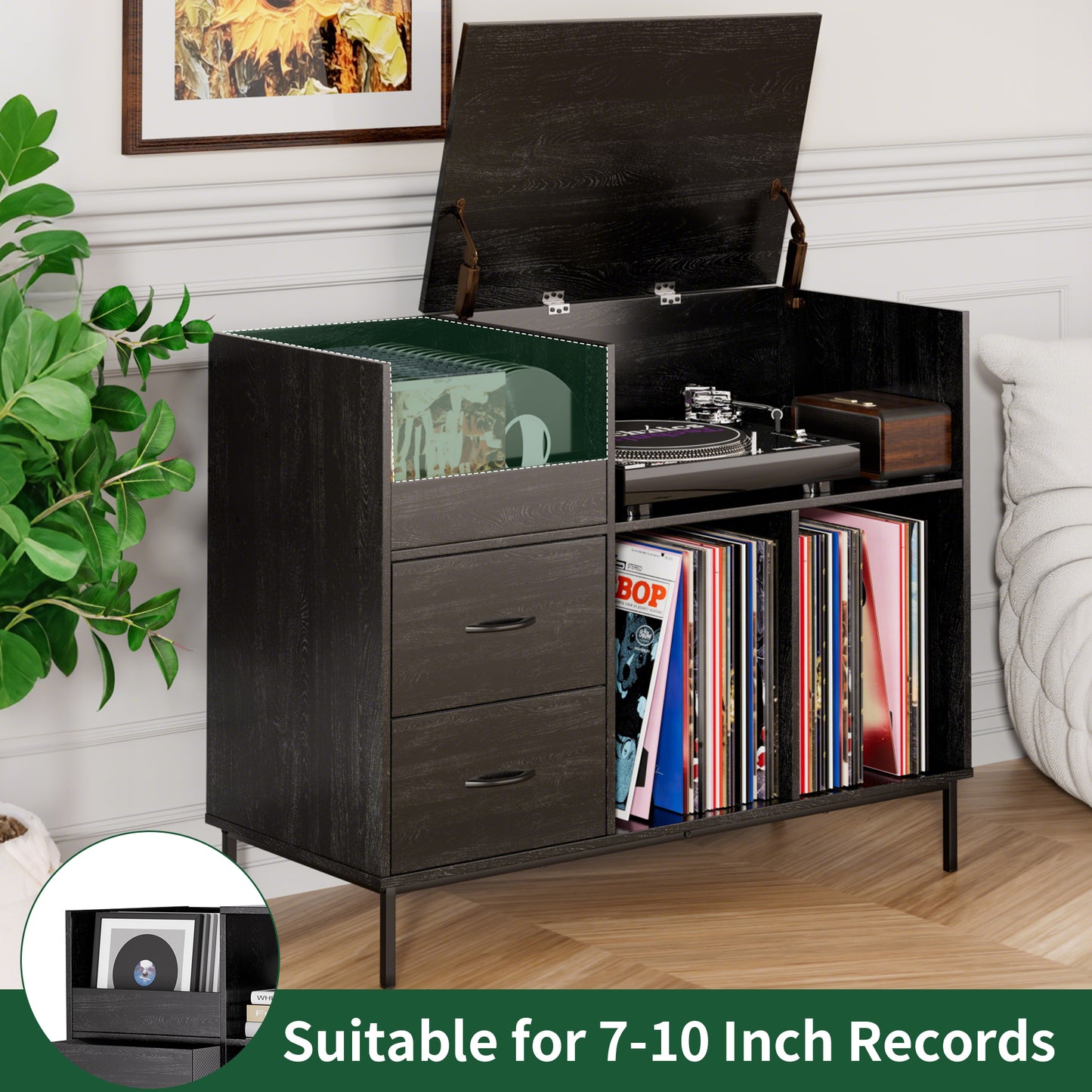 VIYET Record Player Stand with Power Outlet, Vinyl Record Storage Cabinet with Flip Top, Drawers & Dustproof Doors, Black