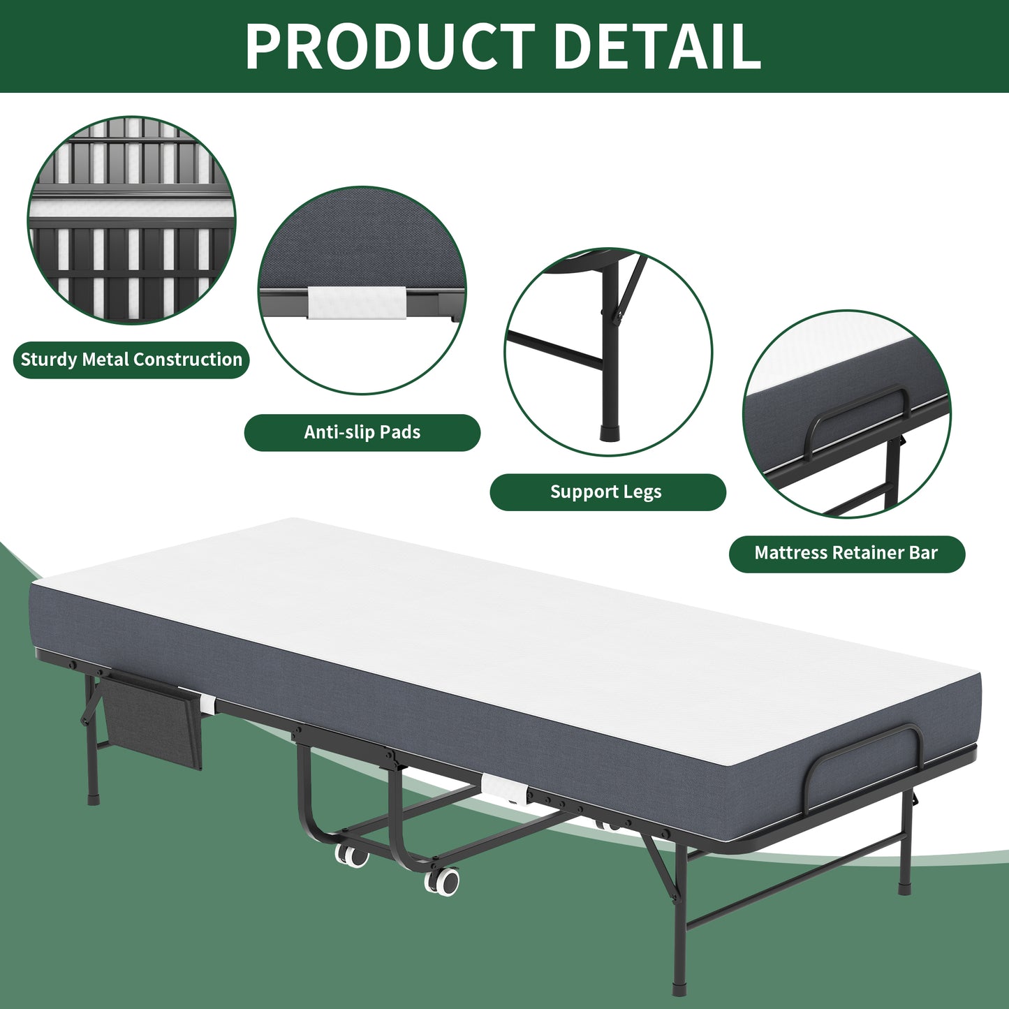 VIYET Twin Folding Rollaway Guest Bed with Side Storage Pocket, 5" Memory Foam Mattress, 450LB Heavy Duty Bed with Wheels