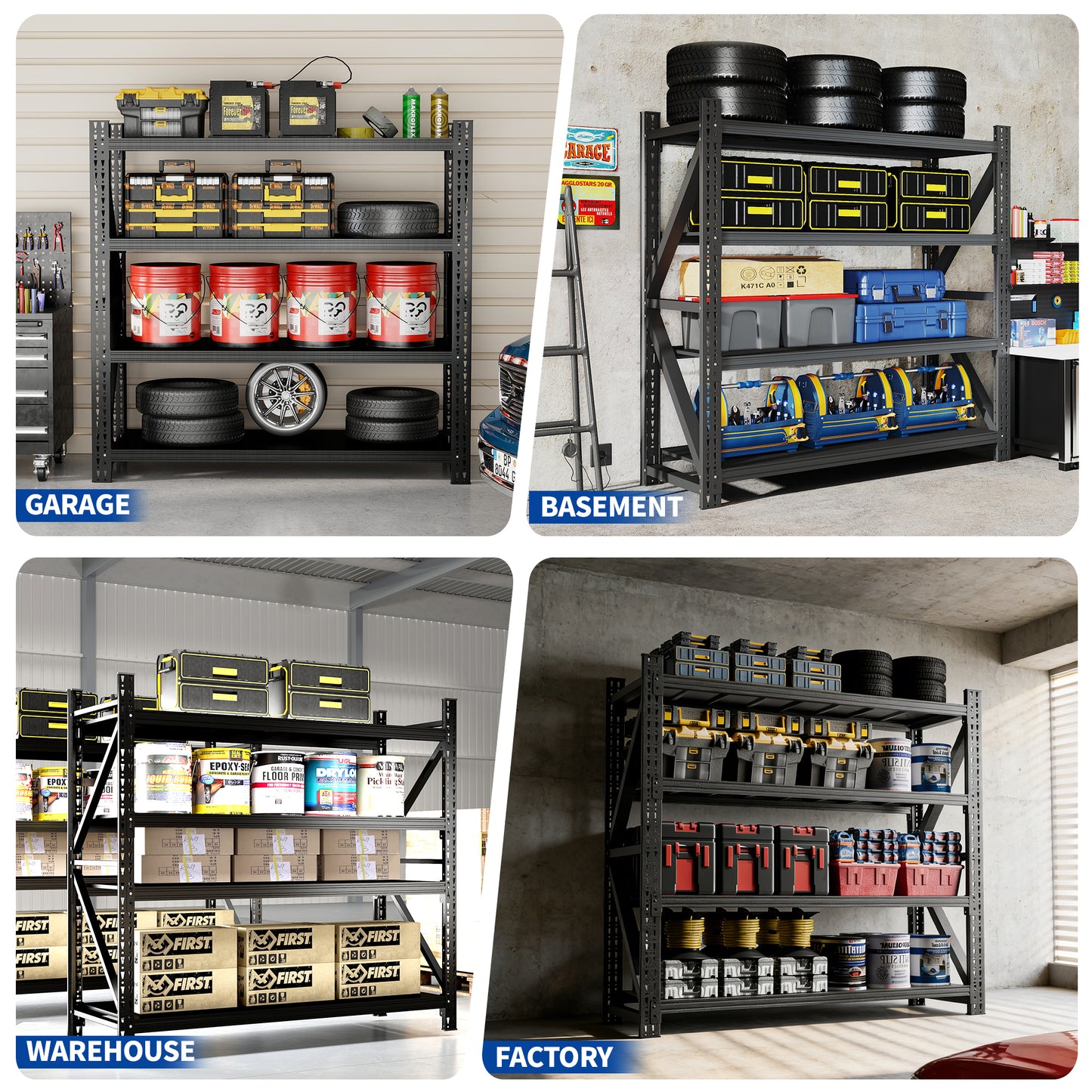 VIYET 69"H 5000LBS Industrial Shelving, 4-Tier Adjustable Heavy Duty Metal Garage Rack, Black for Warehouse Gym
