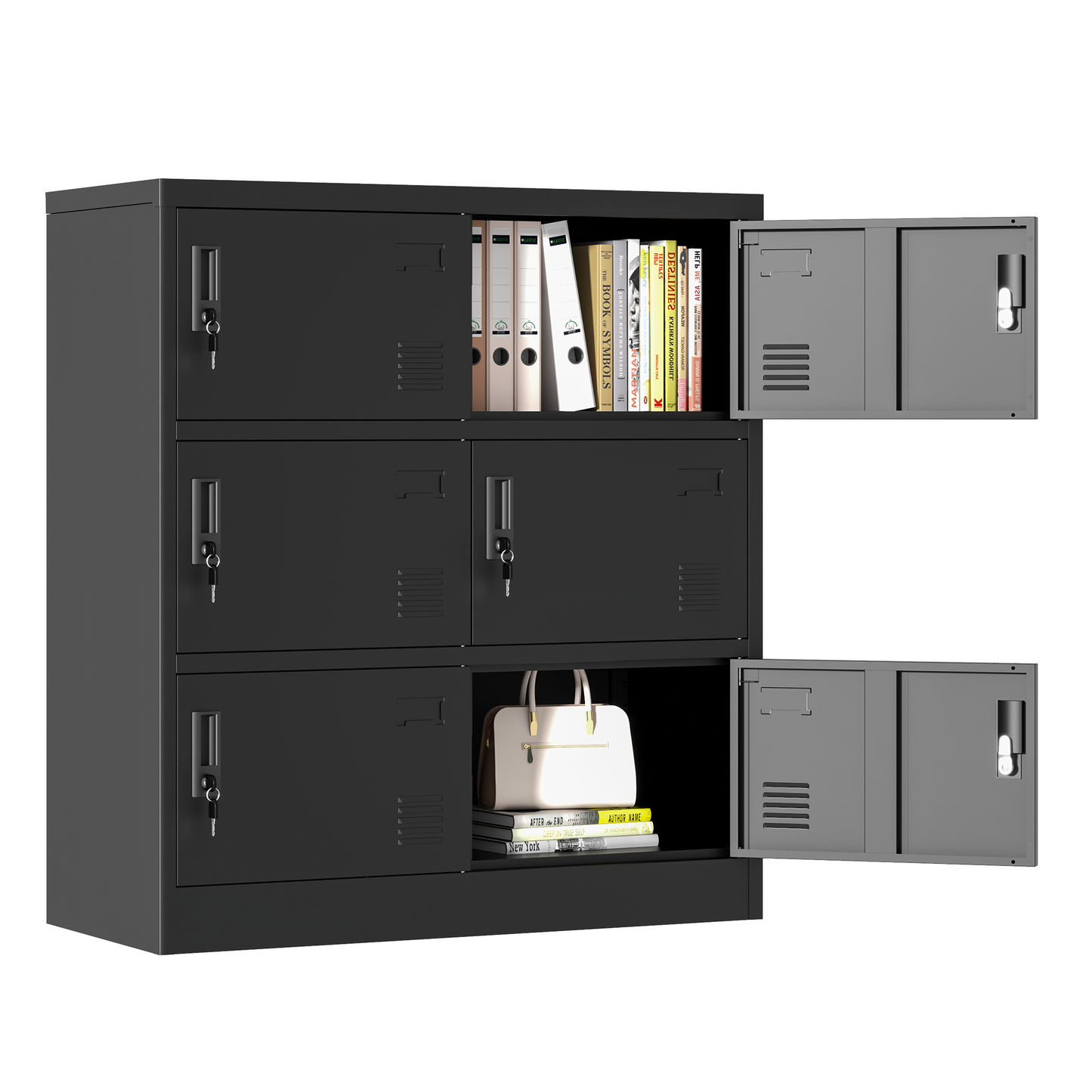 VIYET 6-Door Metal Storage Locker with Lock and Card Slot, Freestanding Office, Gym, School & Home Storage Cabinet, Durable Black Steel