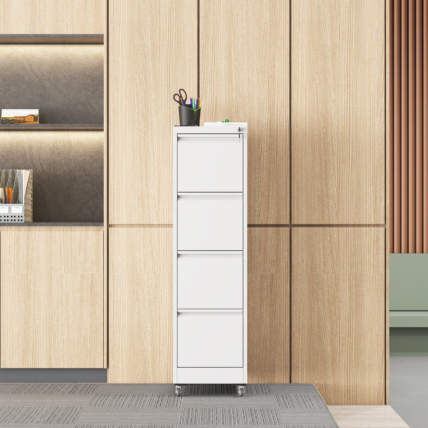 VIYET 4-Drawer Rolling Metal File Cabinet with Lock, Vertical Filing Cabinet on Wheels, Fits Letter & Legal Files, White