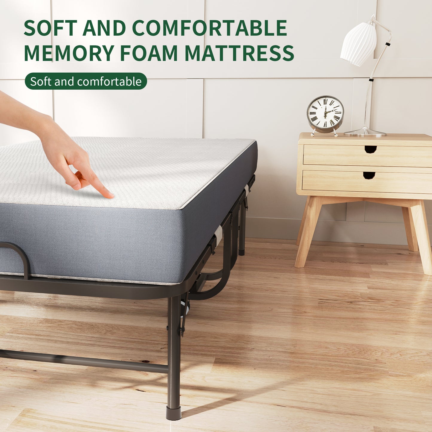 VIYET Twin Folding Rollaway Guest Bed with Side Storage Pocket, 5" Memory Foam Mattress, 450LB Heavy Duty Bed with Wheels