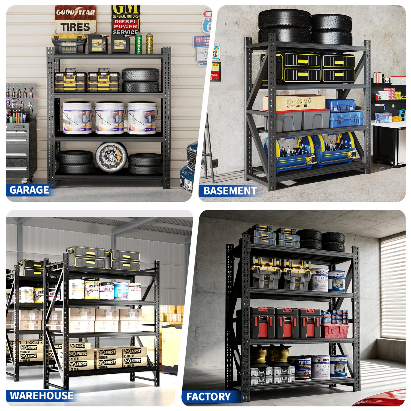 VIYET 69"H 4-Tier Heavy Duty Metal Garage Storage Shelves, 4000 LBS Adjustable Industrial Steel Shelving Unit, Open Rack for Warehouse Basement Workshop, Black