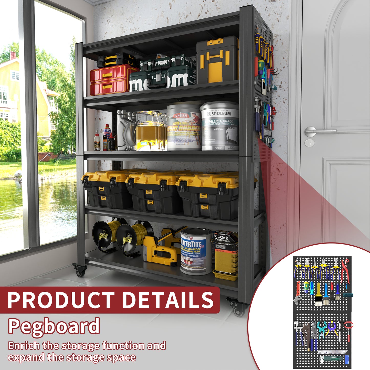 VIYET 78" Rolling Metal Garage Shelving with Pegboard, 5 Tier Adjustable Storage Rack, Heavy Duty Utility Shelf with Locking Wheels, Black