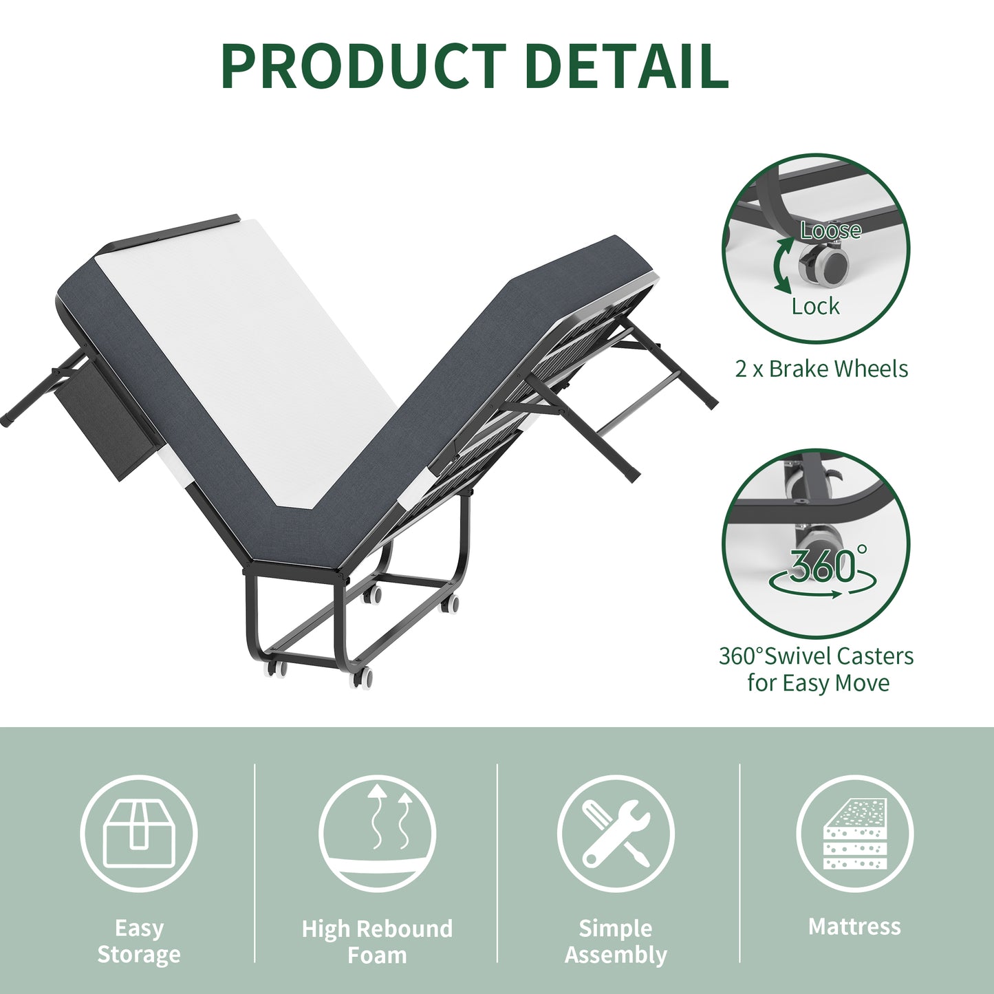 VIYET 75" Folding Rollaway Guest Bed with Adjustable Headboard, 5" Memory Foam Mattress, 450LBS Metal Frame Portable Twin Cot on Wheels