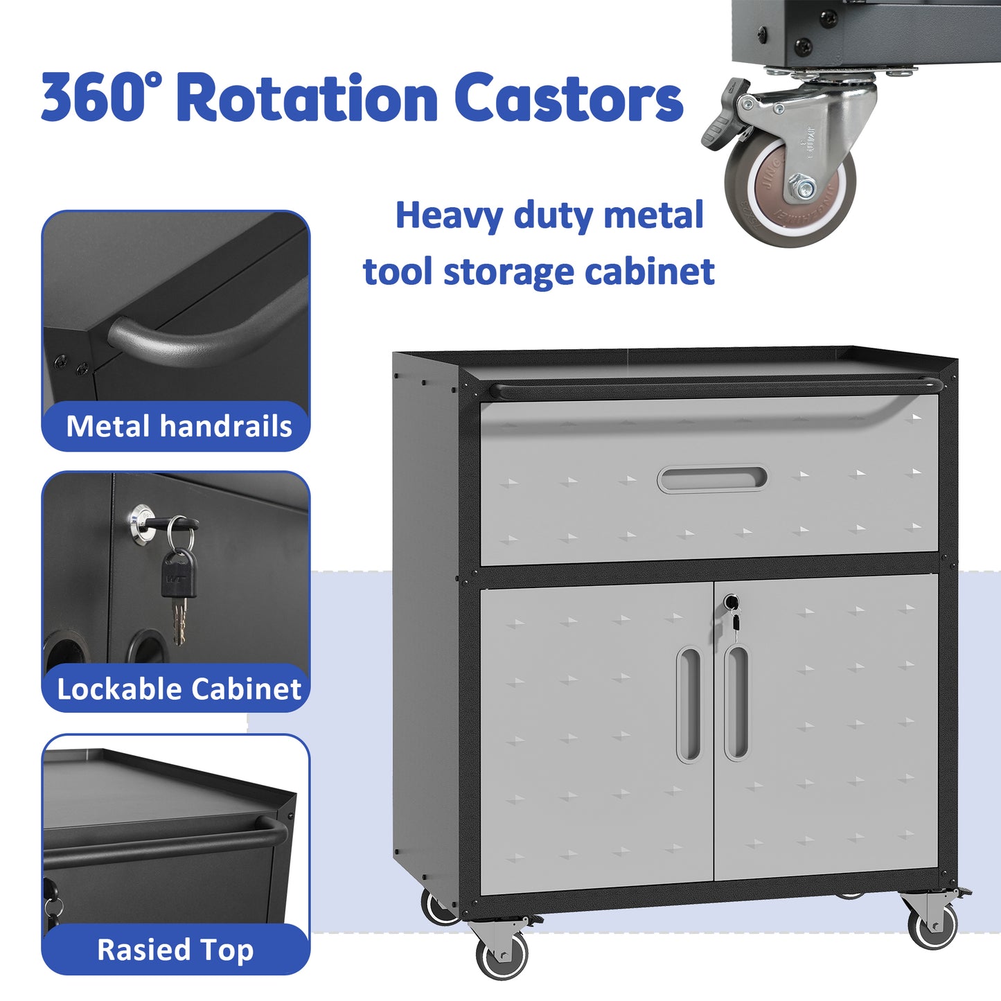 VIYET 35"H Heavy-Duty Mobile Steel Tool Cabinet, 360° Lockable Casters, 3-Sided Top Fence, Garage/Home/Office/Workshop, Black+Gray