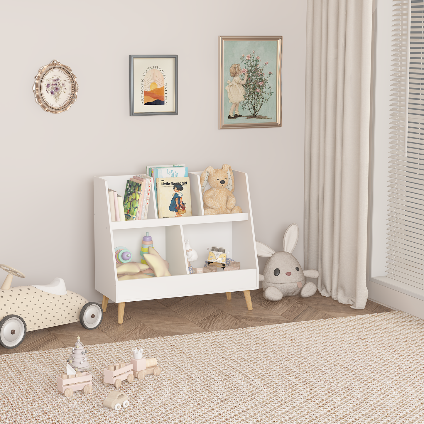 VIYET 28" Kids 5-Cubby Bookshelf Toy Organizer,White Wooden 2-Tier Storage Rack w/ Pine Legs (Anti-Tipping Nursery/Playroom Organizer)