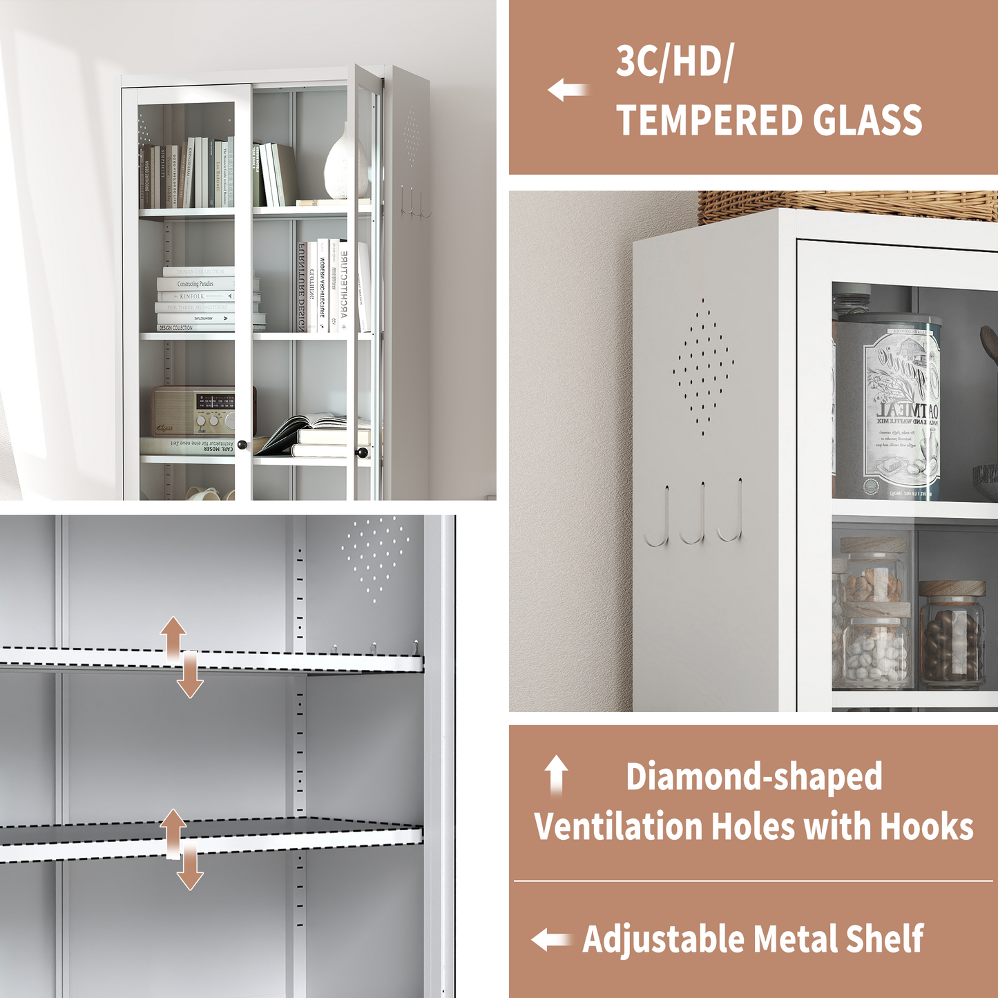 VIYET 72"H Heavy-Duty Metal Kitchen Pantry Cabinet,5 Adjustable Shelves+Glass Doors,80LBS/Shelf Freestanding for Kitchen/Pantry/Bathroom(White)