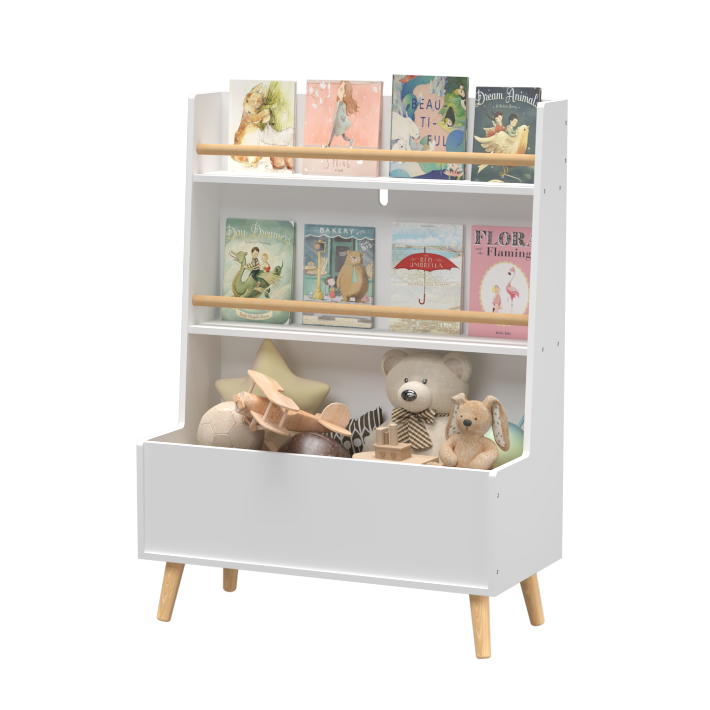 VIYET 37" Kids Bookshelf & Toy Organizer - White MDF+Pine Legs, 2 Shelves, Storage Bin, Anti-Tipping