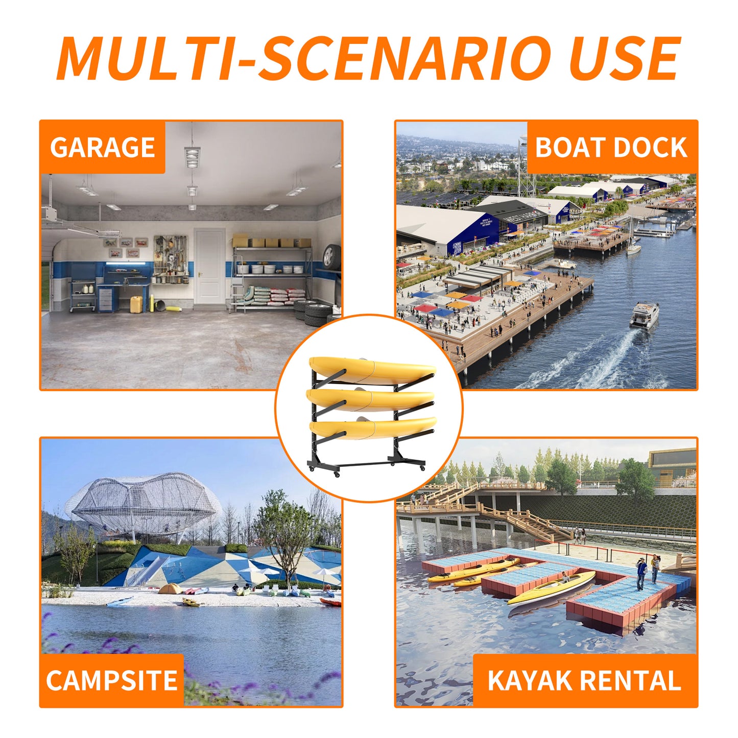 VIYET 41"H Freestanding Kayak Storage Rack, Heavy-Duty Adjustable Stand with Lockable Wheels, Holds 3 Kayaks/Canoe/SUP/Surfboard (Black)