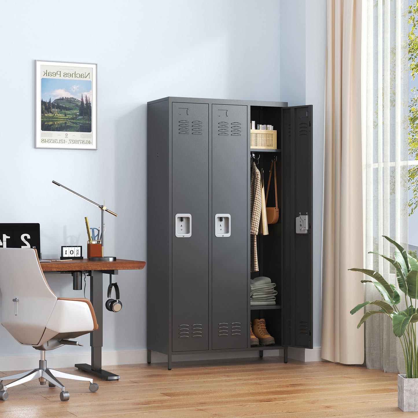 VIYET 72" 3 Door Metal Locker Storage Cabinet with Locks, Freestanding Employee Locker for Office, School, Gym, Garage & Home, Black