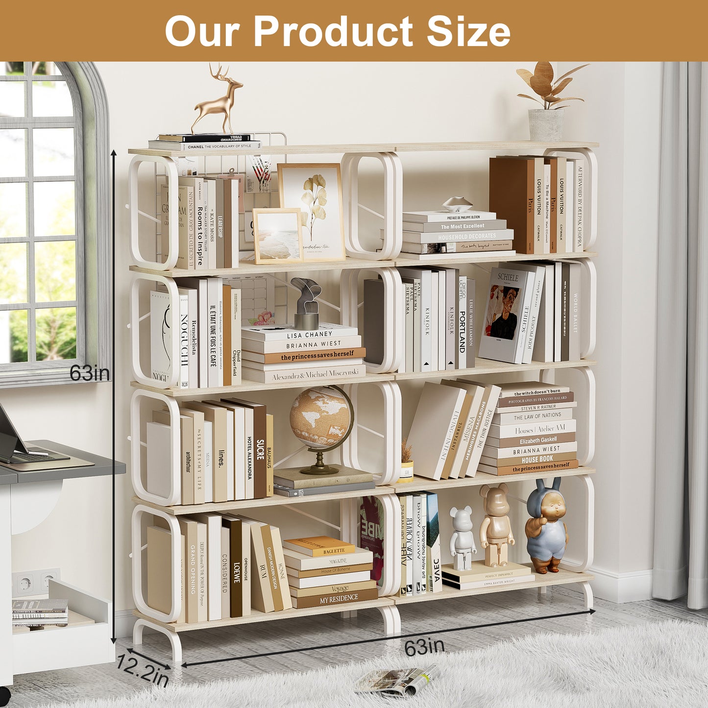 VIYET63" 5-Tier Industrial shelf, White MDF+Iron Frame Open Bookcase (Anti-Tipping Home Office/Living Room Organizer)