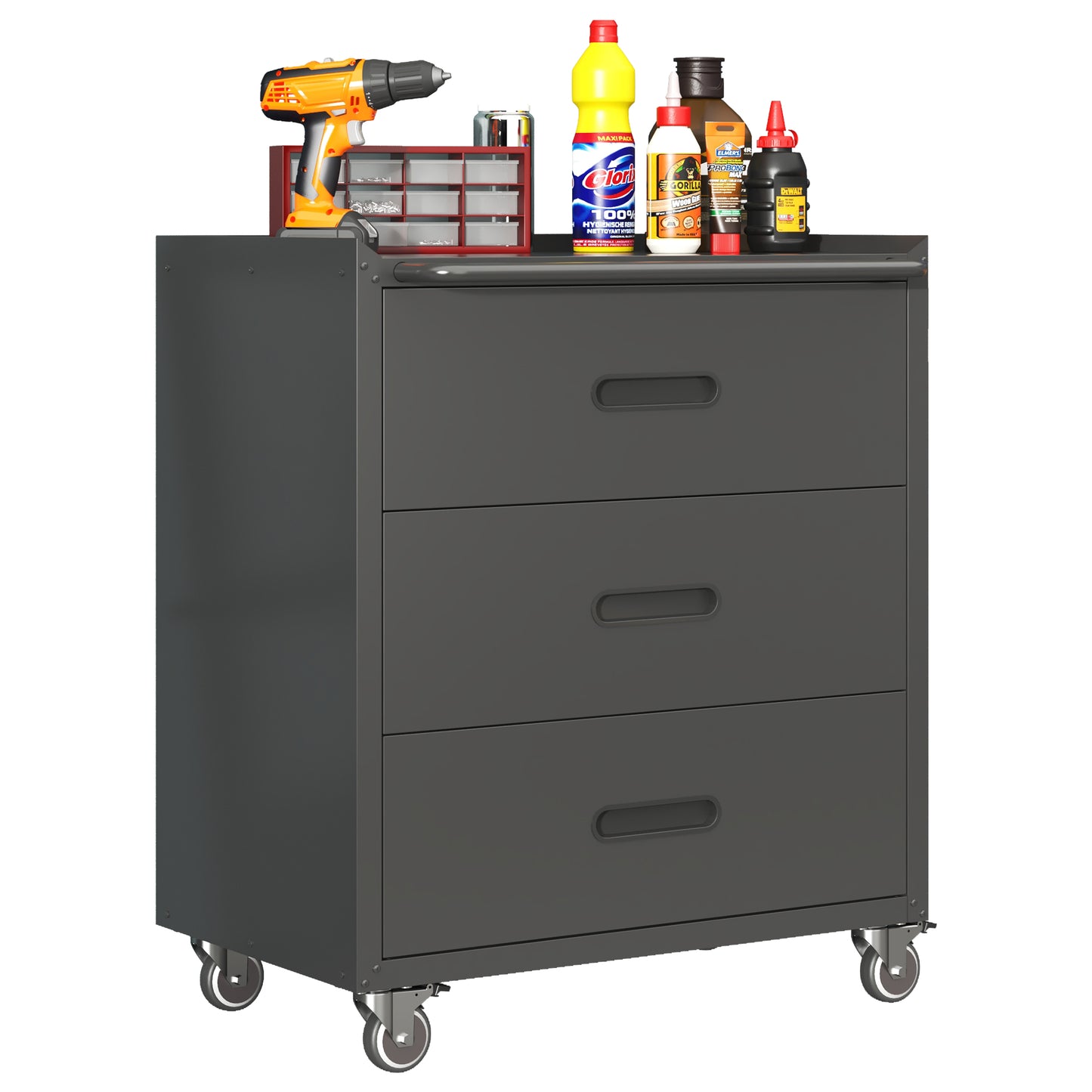 VIYET 35"H 3-Drawer Heavy-Duty Steel Storage Cabinet with Lockable Wheels, 200LBS Capacity for Garage/Office/Home Organizer (Black)