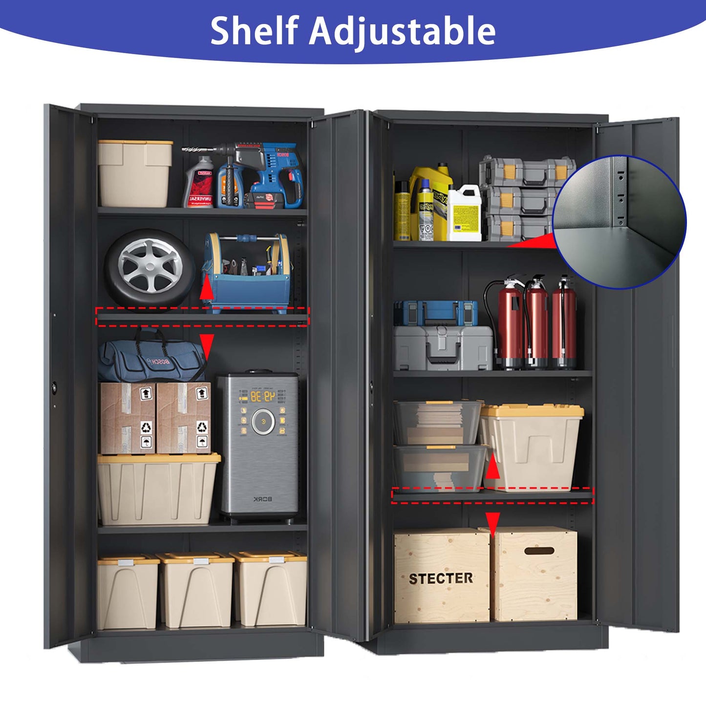 VIYET 71" Metal Garage Storage Cabinet with Lock and 3 Adjustable Shelves, Black Heavy-Duty Lockable Cabinet for Home, Office & Garage