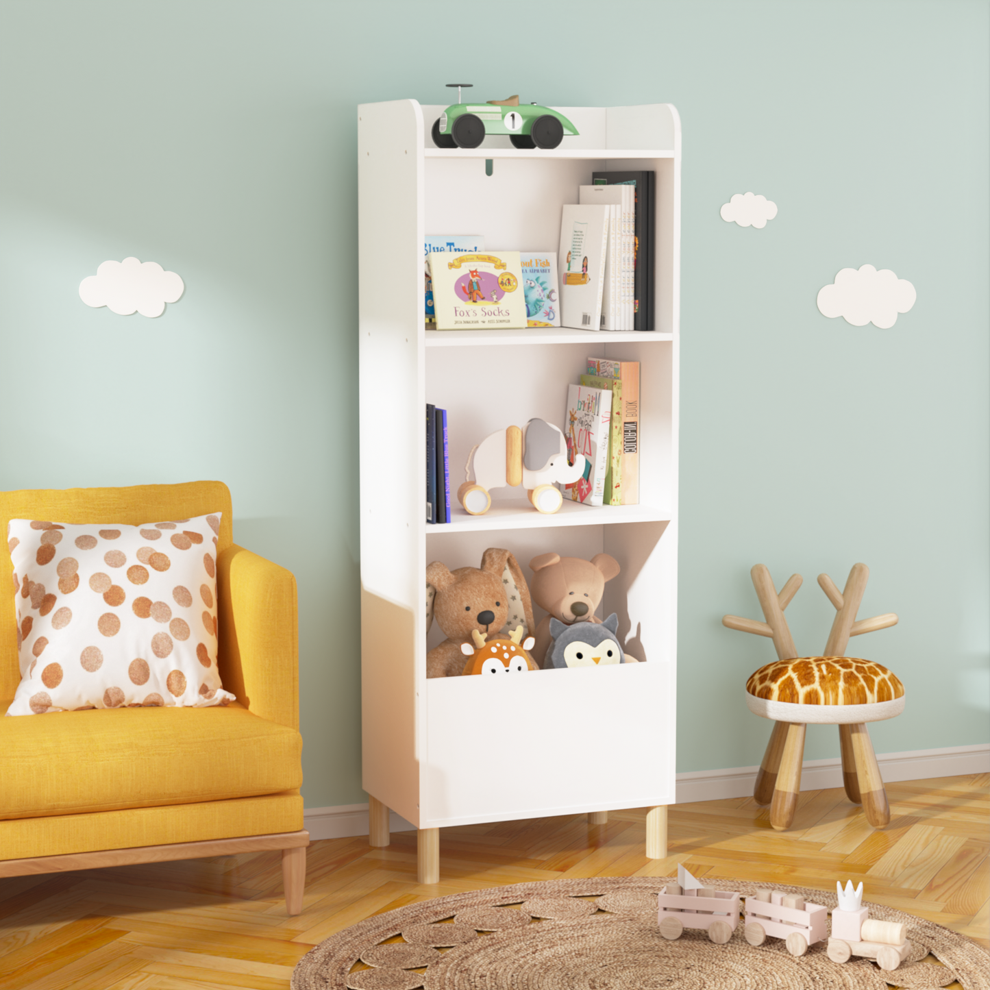 VIYET 51" Kids 4-Tier Bookcase, White MDF+Pine Legs Storage Organizer w/ Anti-Tipping Device (Nursery/Playroom Display Rack)