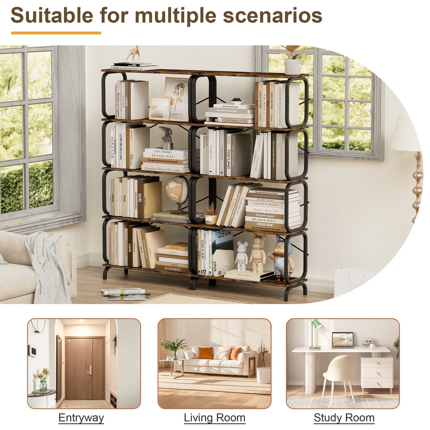 VIYET 63"×11.8"×63" 5-Tier Industrial Bookshelf - Rustic Brown MDF+Iron Frame, Anti-Tipping