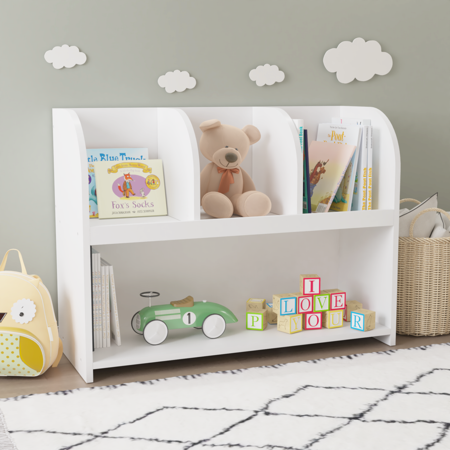 VIYET 24" Kids 4-Compartment Bookcase, White MDF Storage Display Rack (Anti-Tipping Toy Organizer for Playroom/Nursery)