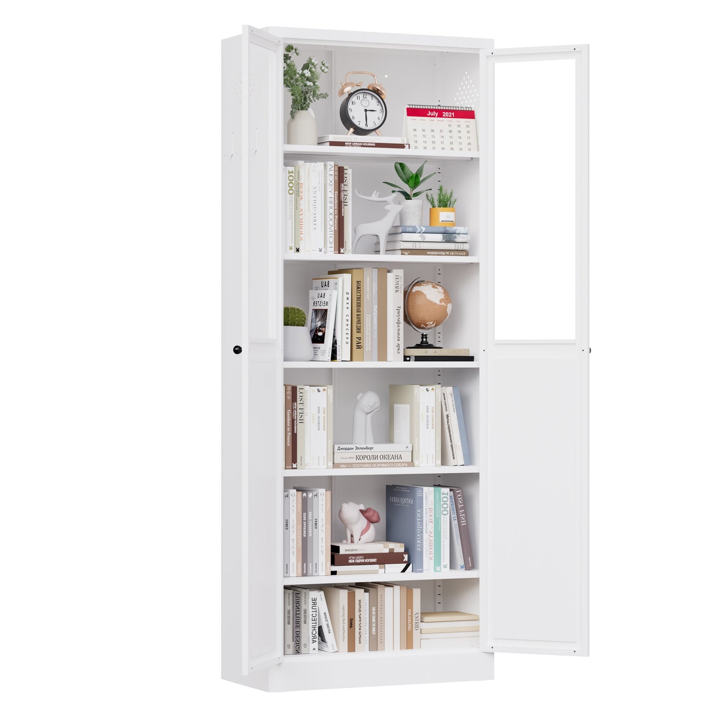 VIYET 72" Glass Door Metal Pantry Cabinet, White Kitchen Storage Cabinet with 5 Adjustable Shelves, Freestanding Display Cabinet