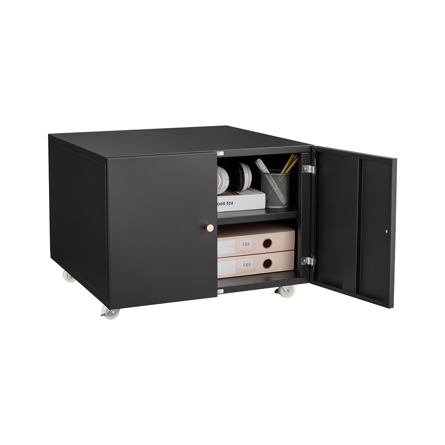 VIYET 23.6" Black Steel Double-Door Printer Cabinet, 360° Lockable Casters & Adjustable Shelves, Waterproof