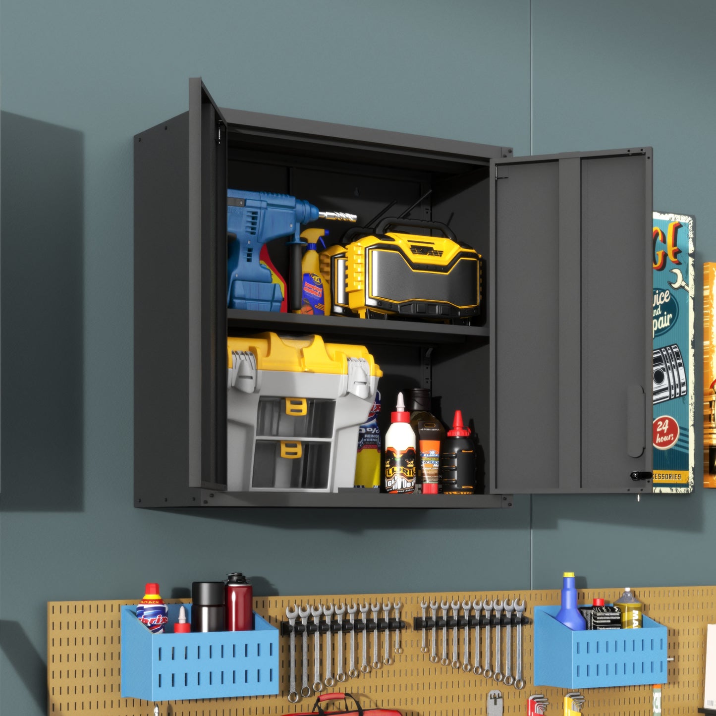 VIYET 30" Wall-Mounted Metal Tool Storage Cabinet - Heavy-Duty Steel Garage Cabinet with 2 Locking Doors & 1 Open Drawer, Space-Saving Black