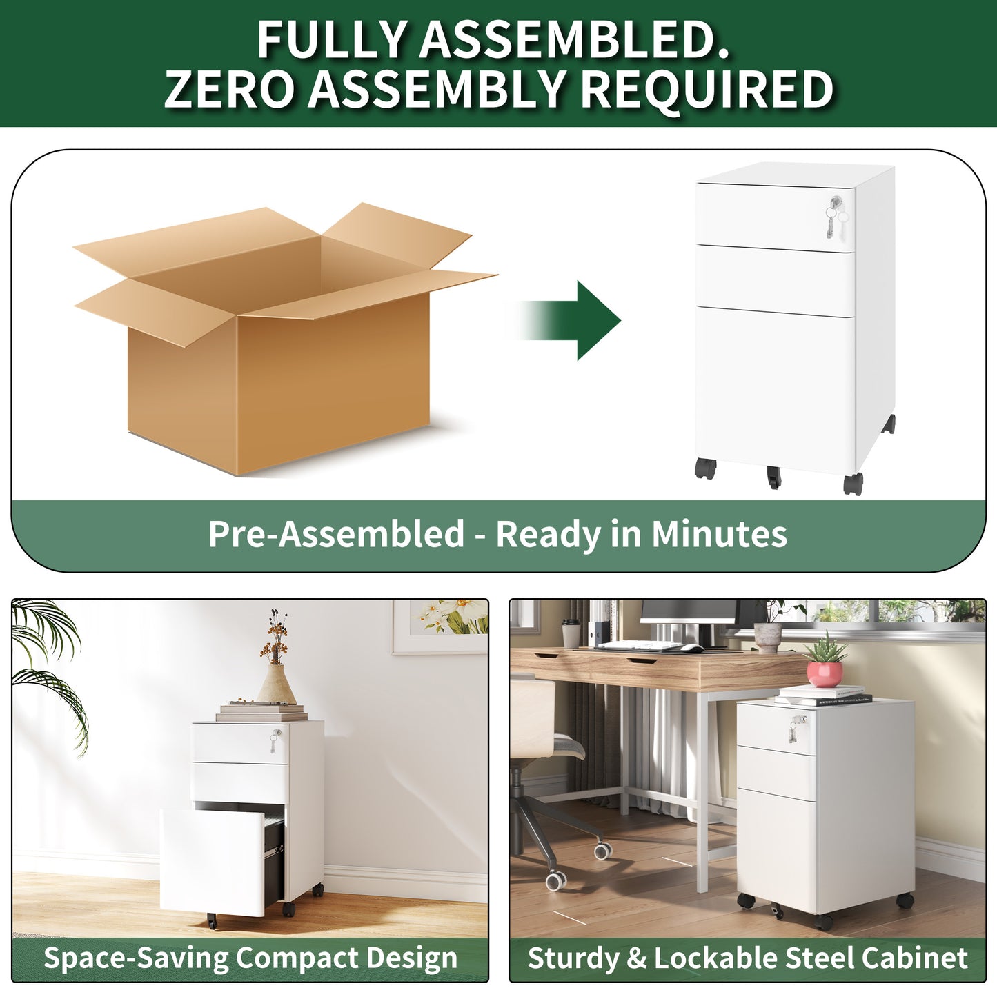 VIYET 3 Drawer Mobile File Cabinet with Lock, Steel Under Desk Rolling Filing Cabinet, Anti-Tip Design for Home Office