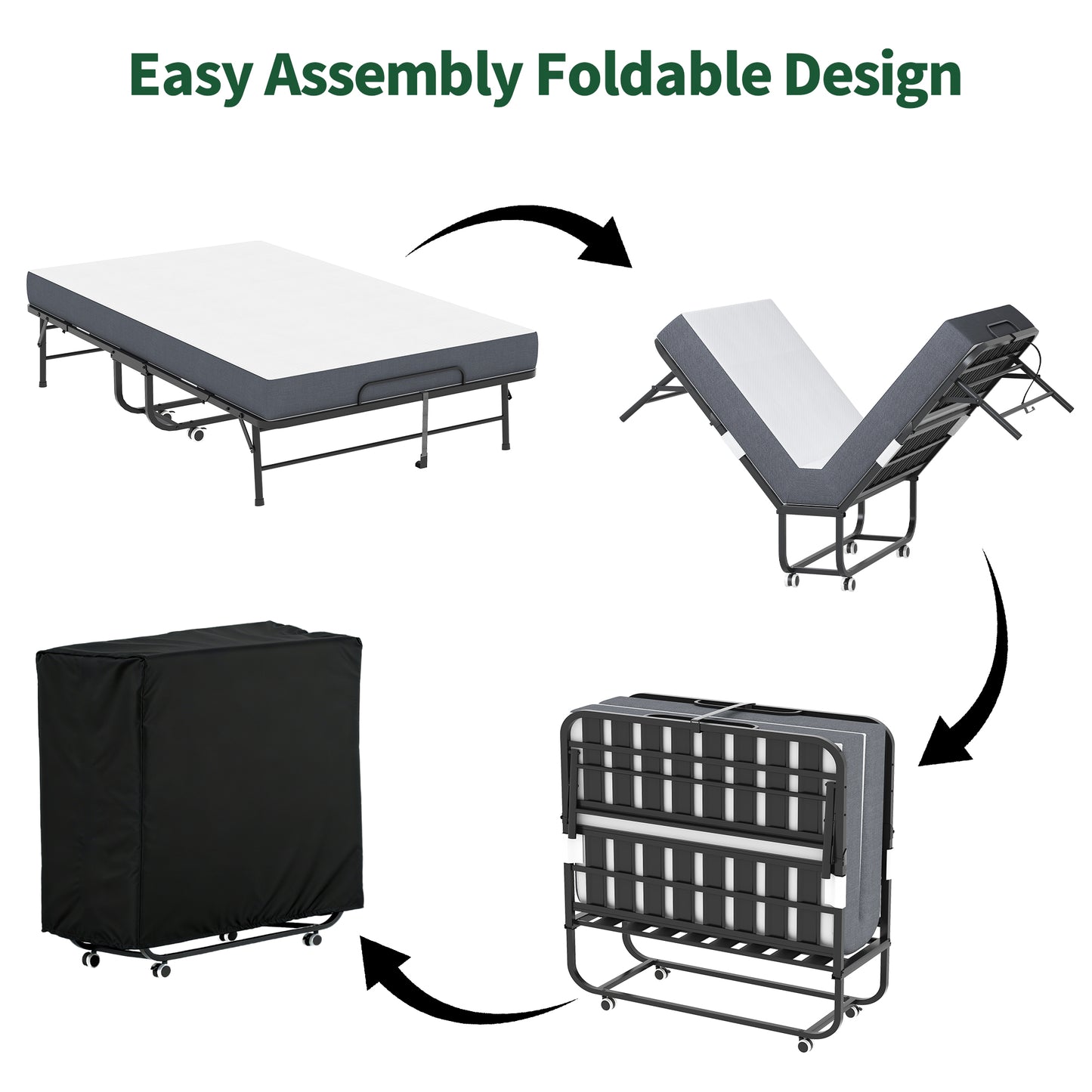 VIYET Folding Bed with Adjustable Headboard, 5" Memory Foam Mattress, 450LB Heavy Duty Rollaway Guest Bed with Wheels for Adults