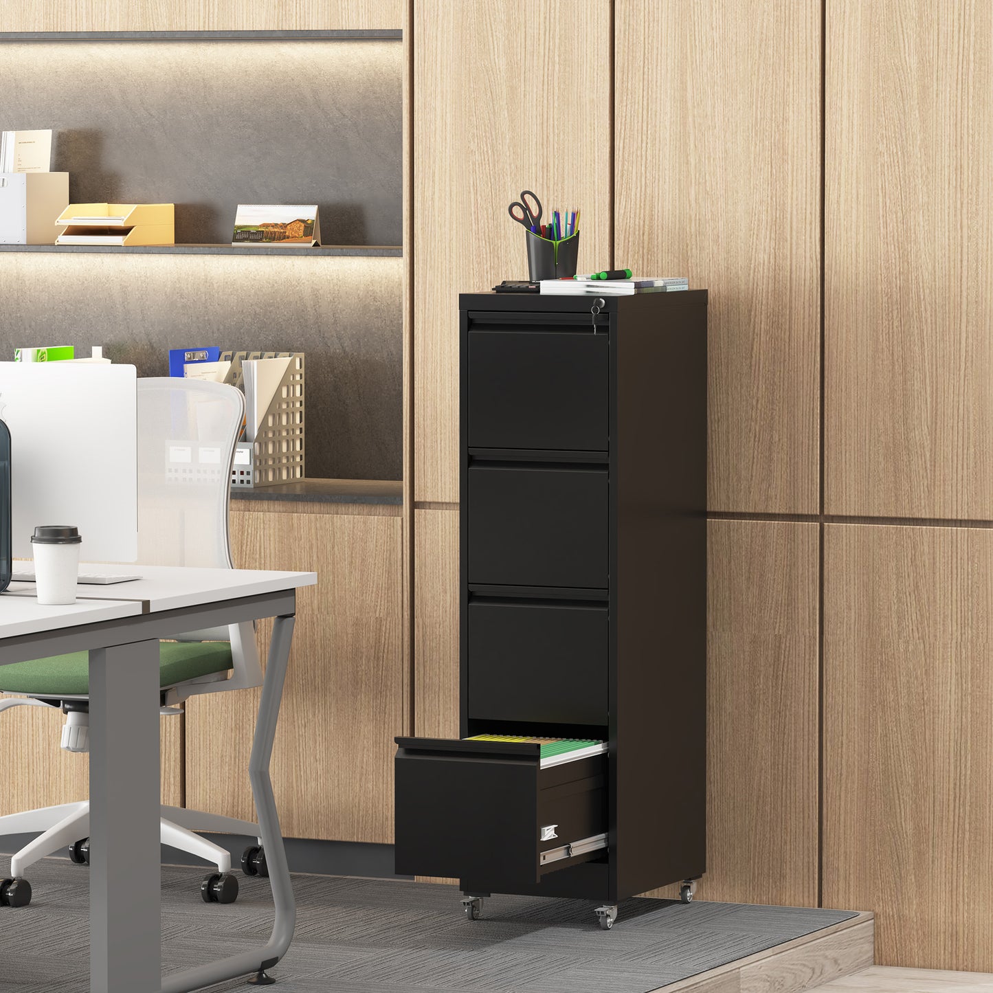 VIYET 52"H 4-Drawer Locking Vertical File Cabinet on Wheels, Black Heavy-Duty Metal Cabinet for Home/Office, Fits Legal/Letter