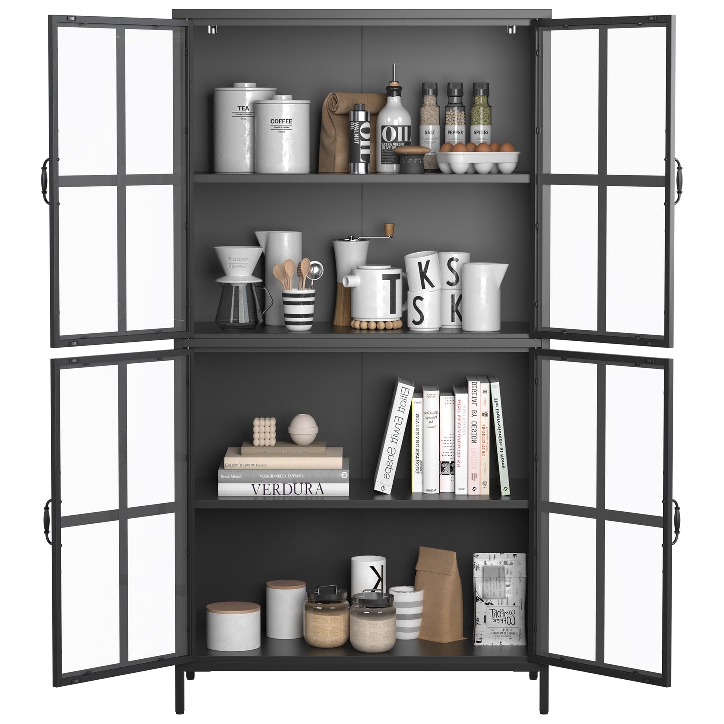 VIYET 63"H Premium Black Metal Storage Cabinet, Tempered Glass Doors + Adjustable Shelves, Anti-Tipping & Magnetic Silent Closure for Home/Office