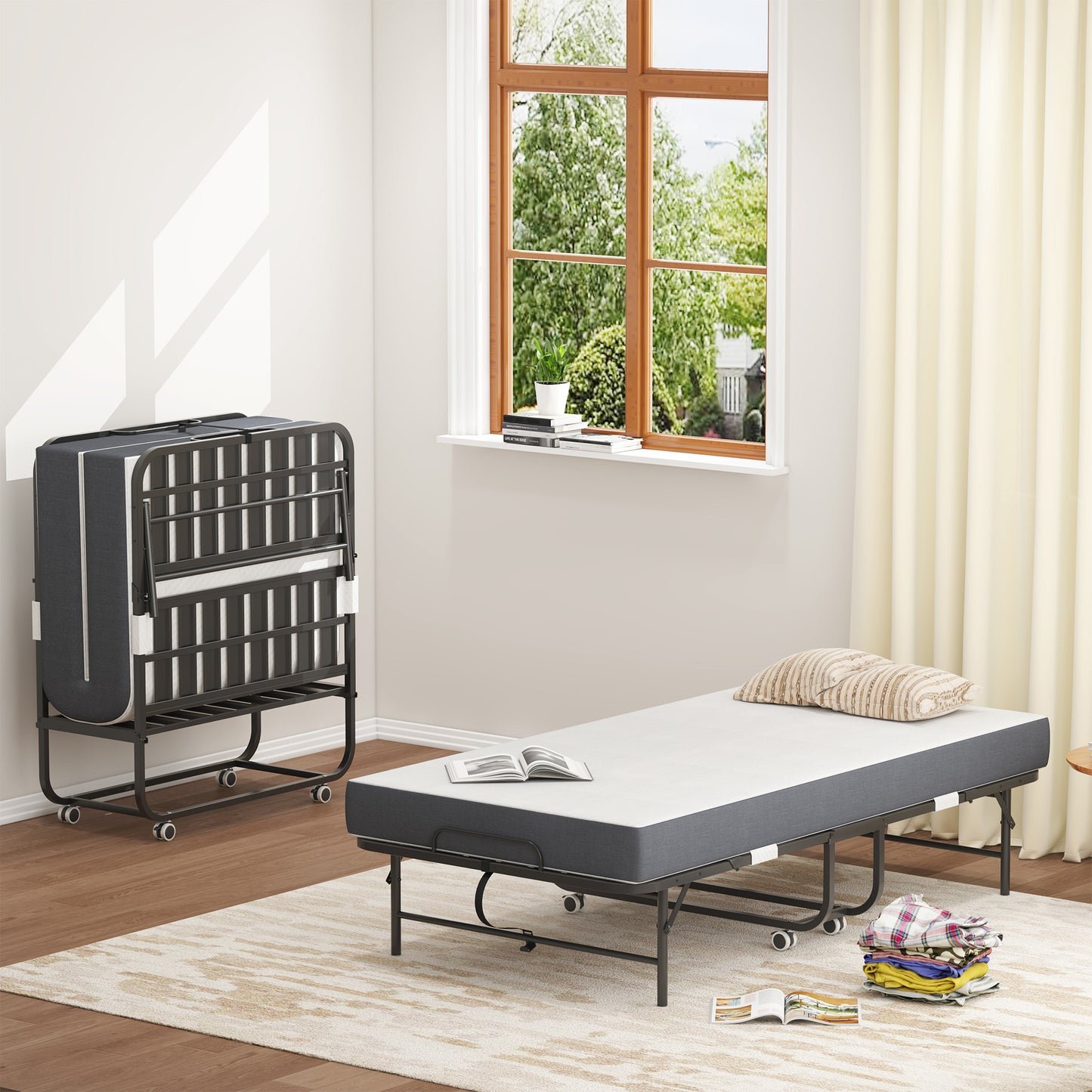 VIYET 12.60''H Extra Long Folding Bed for Tall People, 450LBS Heavy Duty Rollaway Guest Bed with 5" Memory Foam Mattress, Portable Twin Size Bed