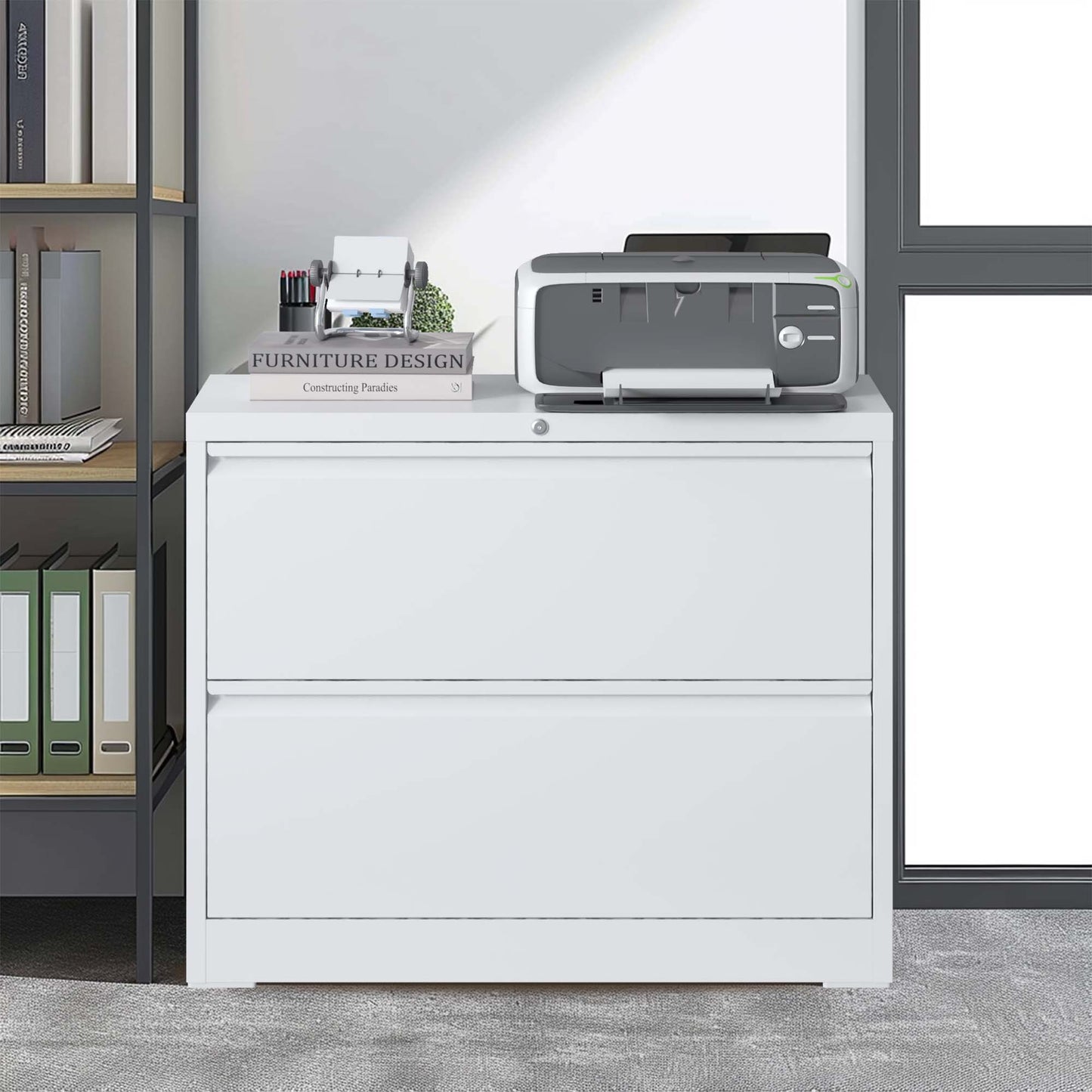 VIYET White Tall Lateral File Cabinet with Lock, 2 Drawer Large Capacity Steel Filing Cabinet for Home Office, Fits Letter, Legal & A4 Files