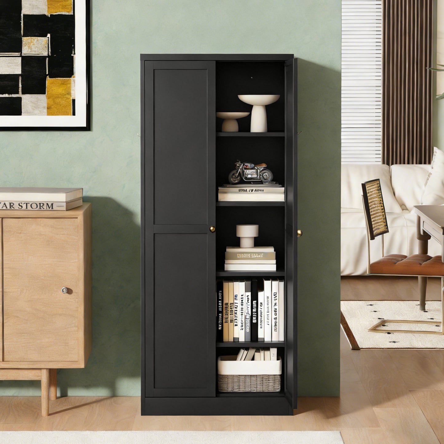 VIYET 61" Black Metal Kitchen Pantry Cabinet, 4 Adjustable Shelves 110lb Capacity, Heavy Duty Freestanding Organizer