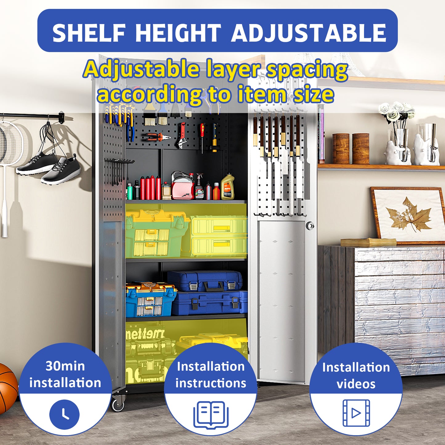 VIYET 71"H Heavy-Duty Steel Garage Cabinet with Wheels & Lock - 3 Adjustable Shelves, 2 Hinged Doors, Mobile Organizer for Garage/Home/Office/School, Black+Gray