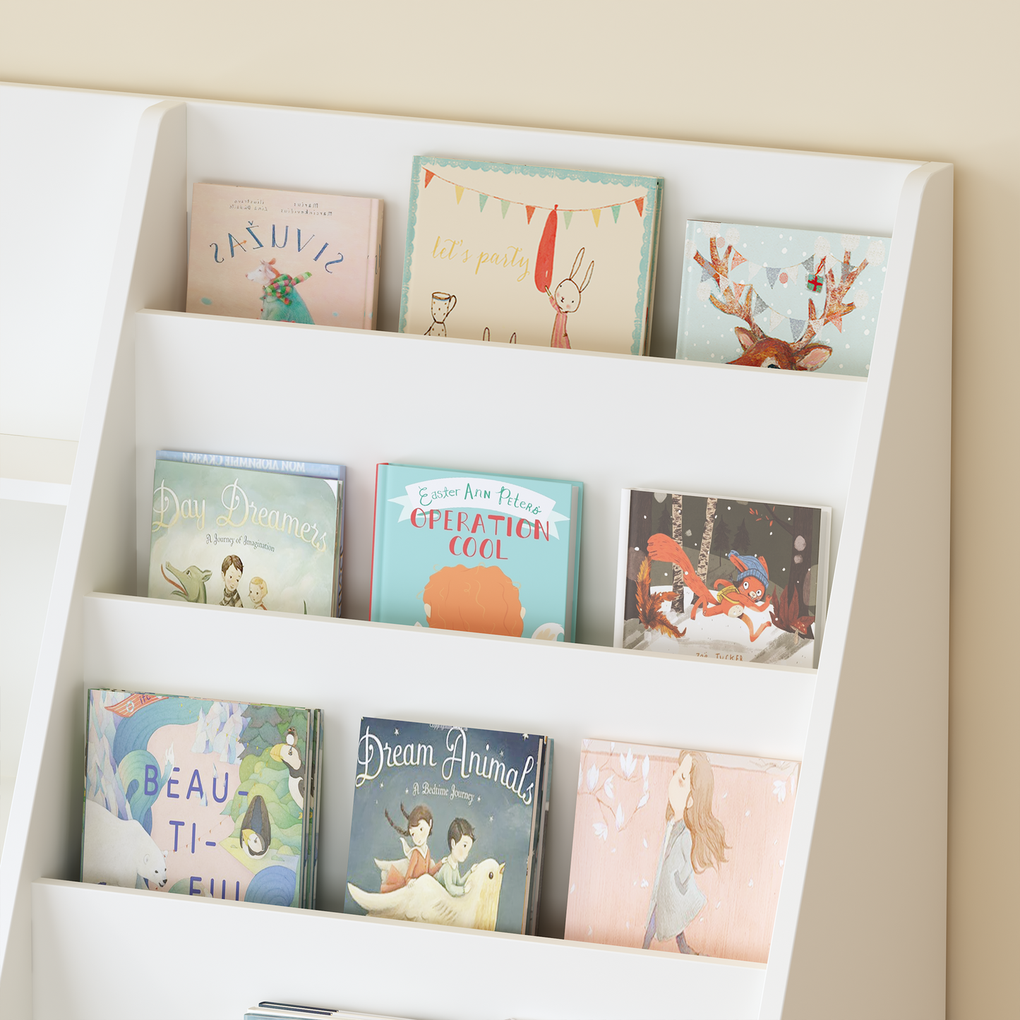 VIYET Kids Bookshelf and Toy Storage Organizer, 4 Tier Wooden Book Display Shelf with Storage Bin for Playroom, Nursery and Bedroom, White