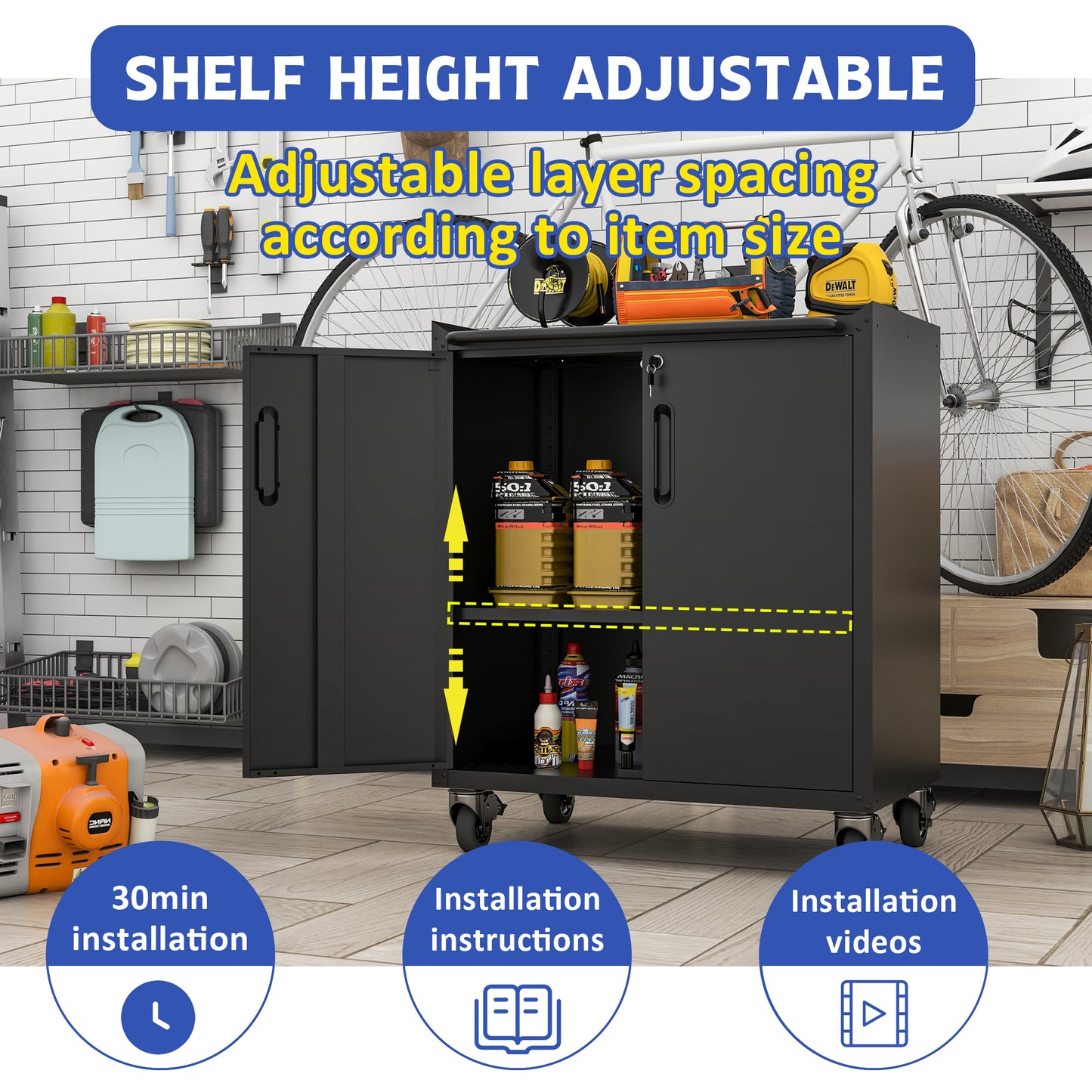 VIYET 31"H Heavy-Duty Cold-Rolled Steel Cabinet with Wheels - Lockable (2 Keys) + Adjustable Shelf, 360° Silent Lockable Casters, DIY Workstation Top, Mobile Organizer for Garage/Home/Office/Kitchen
