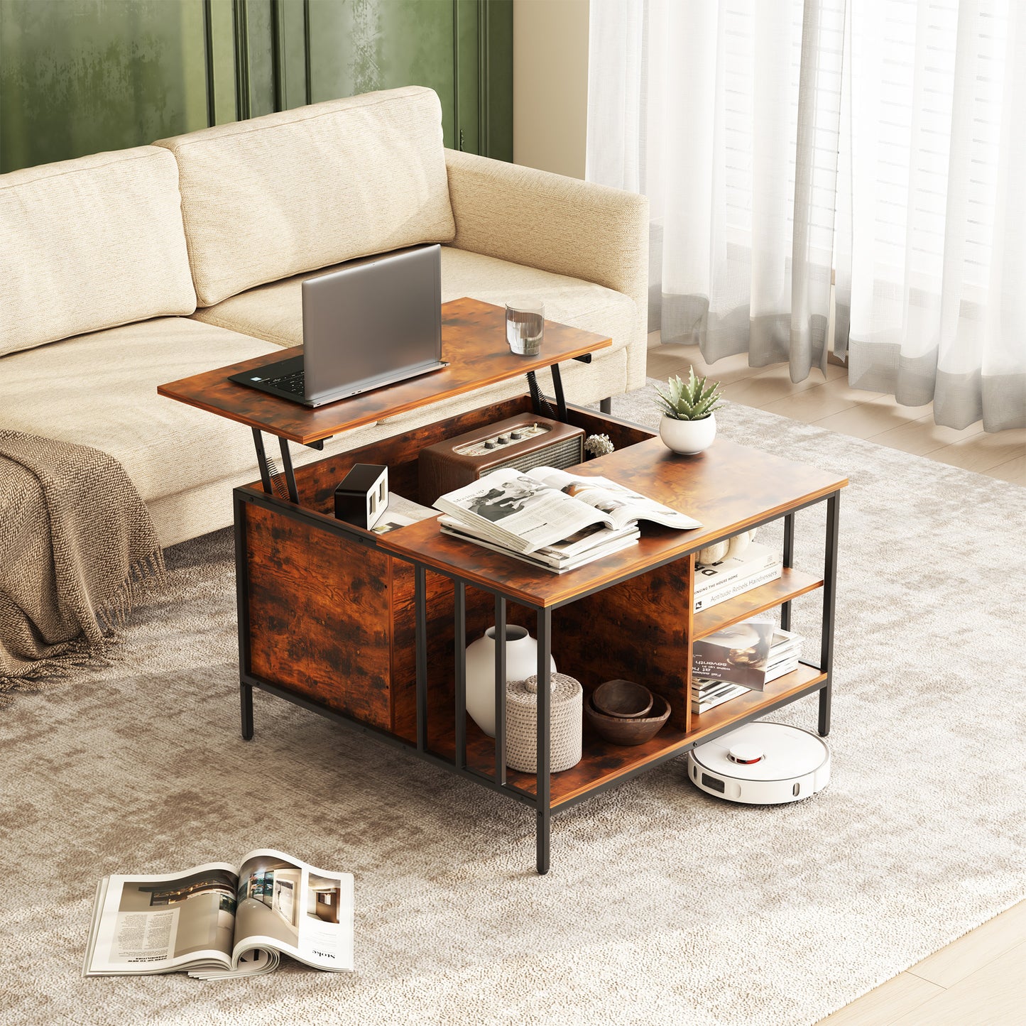 VIYET 32"H Farmhouse Lift Top Coffee Table,Adjustable Height(20.3"-25.6")with Hidden Compartment&3 Shelves,110LBS Capacity for Living Room(Black+Brown)