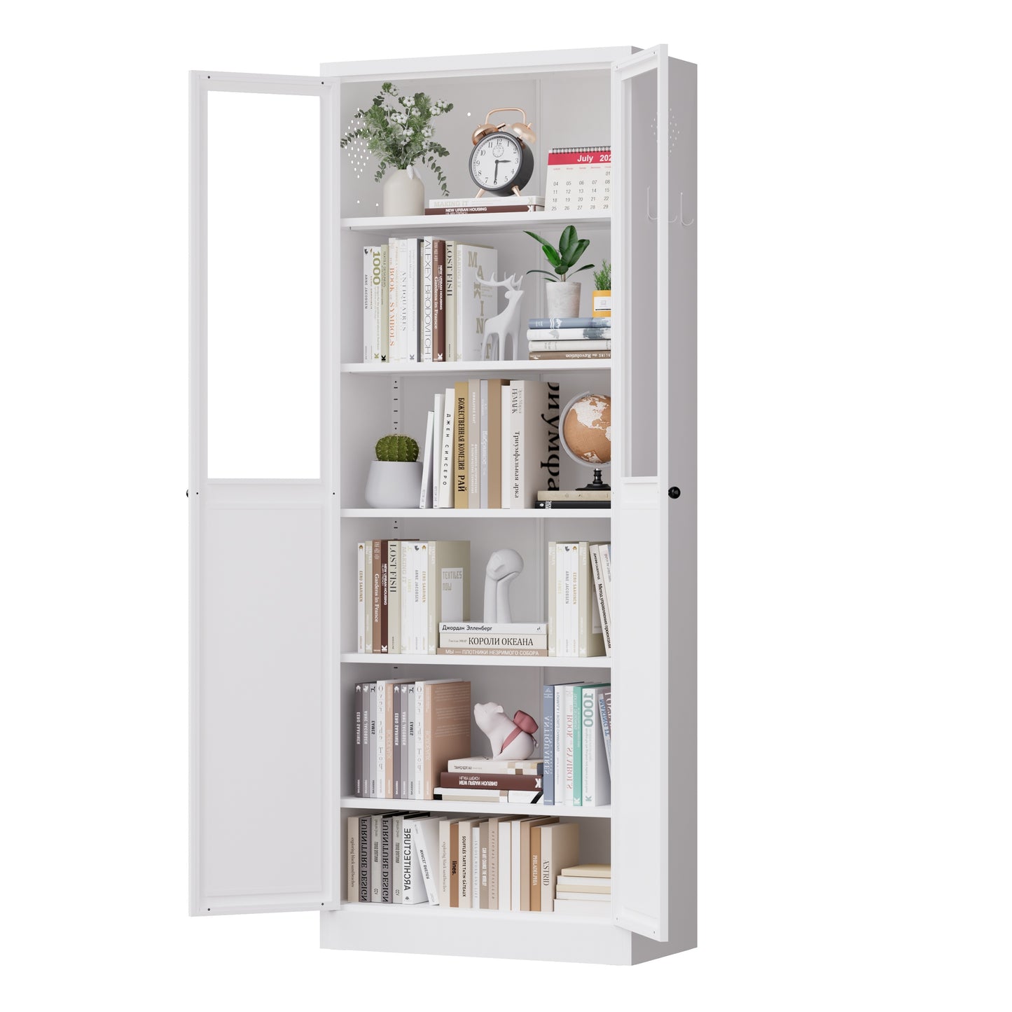 VIYET 72" Glass Door Metal Pantry Cabinet, White Kitchen Storage Cabinet with 5 Adjustable Shelves, Freestanding Display Cabinet