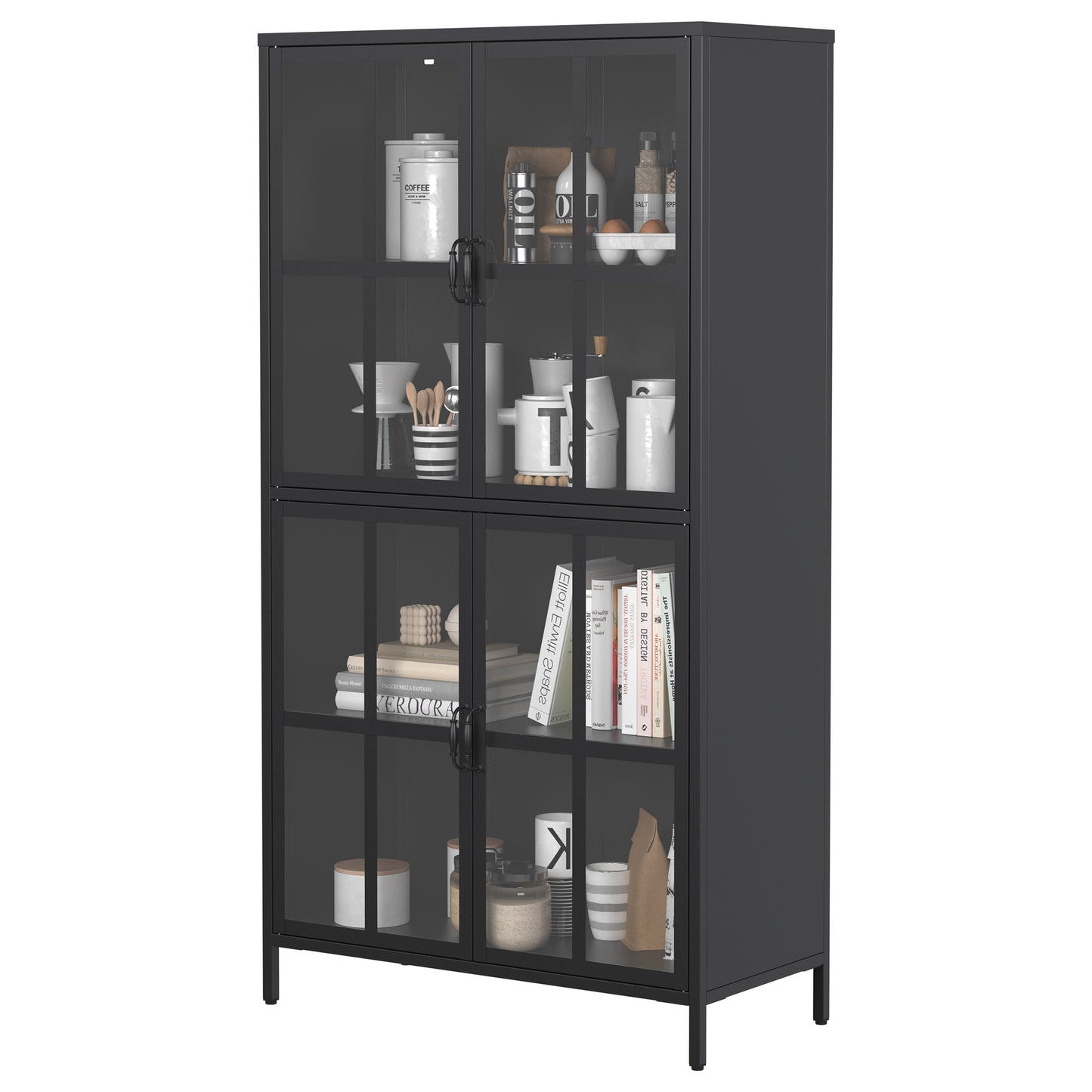 VIYET 63"H Premium Black Metal Storage Cabinet, Tempered Glass Doors + Adjustable Shelves, Anti-Tipping & Magnetic Silent Closure for Home/Office