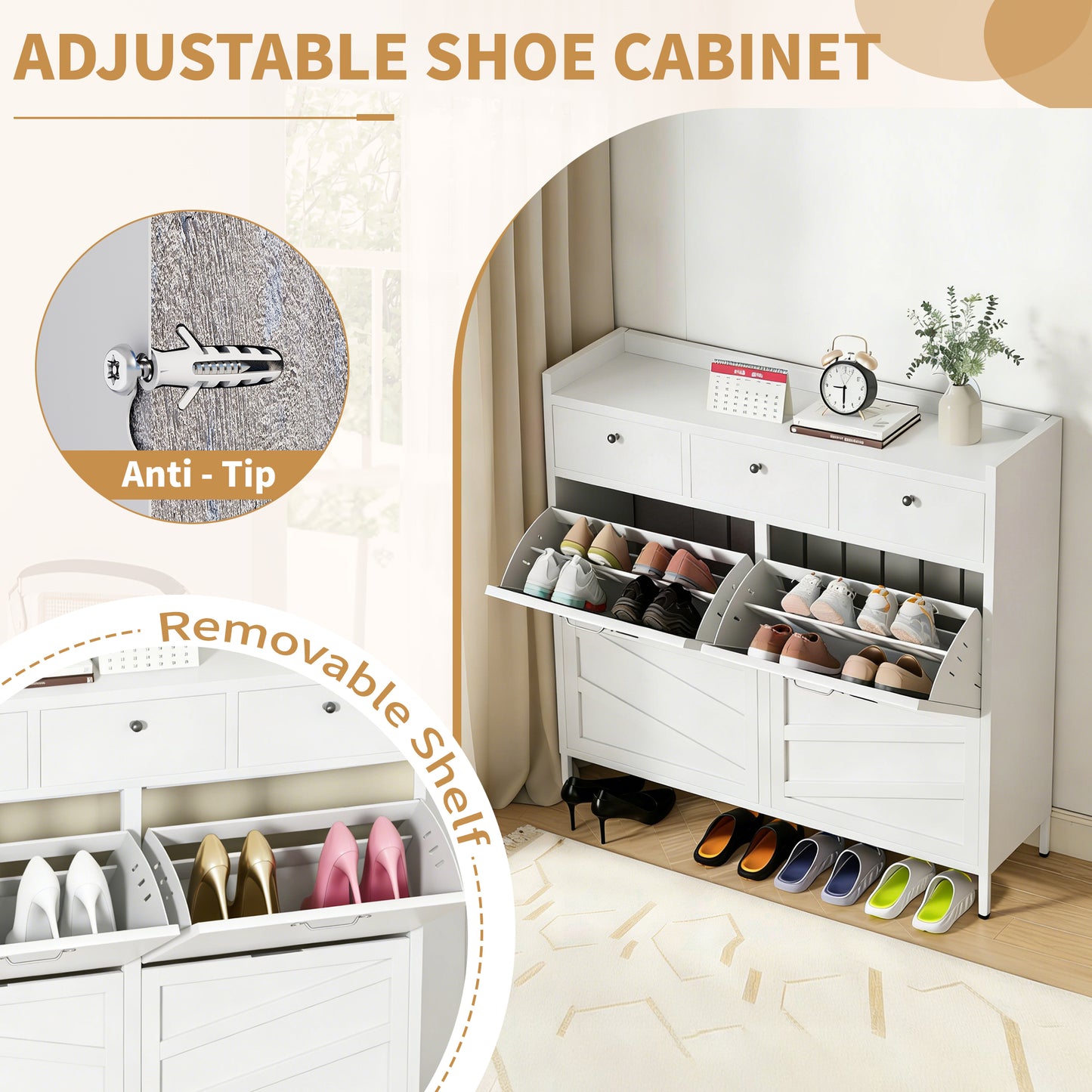 VIYET Metal Shoe Cabinet White, 4 Flip Drawers + 3 Storage Drawers, Entryway Shoe Storage Cabinet, Anti-Tip Narrow Shoe Organizer