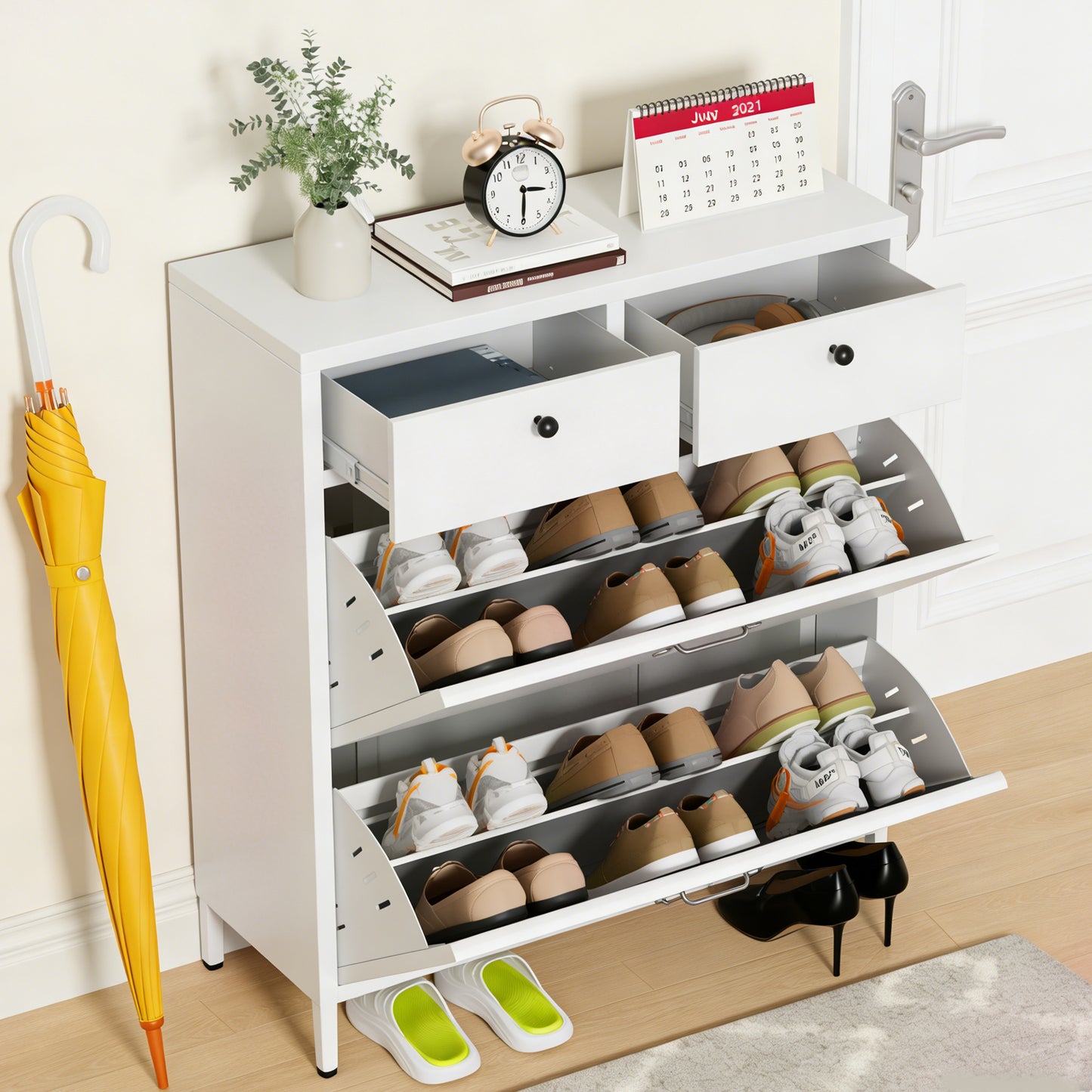 VIYET Slim Metal Shoe Cabinet with 2 Flip Drawers & 2 Top Drawers, Narrow Entryway Storage Organizer, Freestanding Hallway Shoe Rack, White
