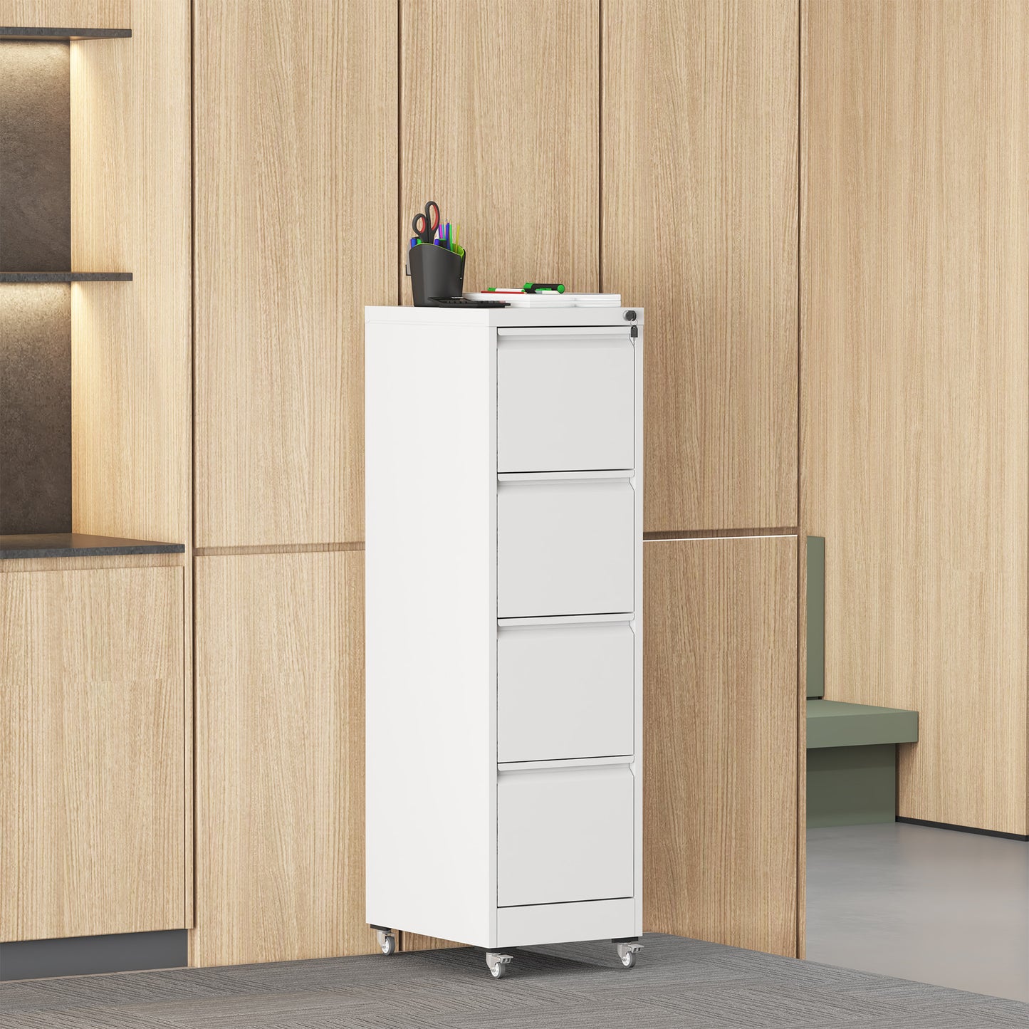 VIYET 4-Drawer Rolling Metal File Cabinet with Lock, Vertical Filing Cabinet on Wheels, Fits Letter & Legal Files, White